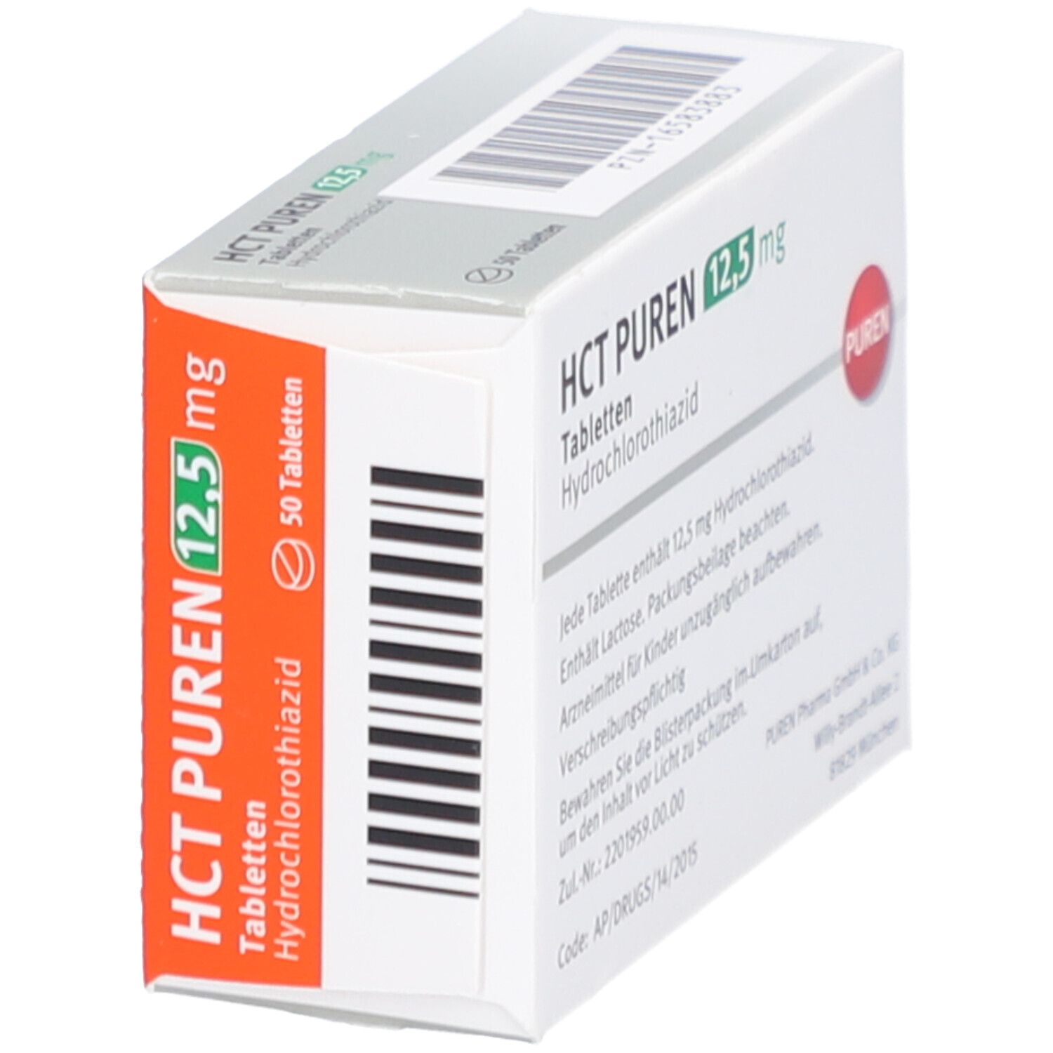 HCT PUREN 12,5 mg Tabletten-Packung. Weiße Schachtel mit roter und grüner Schrift. 50 Tabletten. Hydrochlorothiazid.