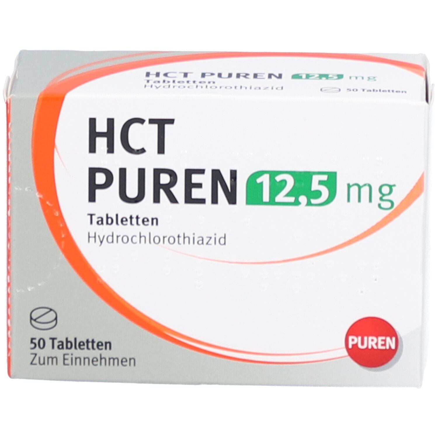 HCT PUREN 12,5 mg Tabletten-Packung. Weiße Schachtel mit grüner und roter Schrift. 50 Tabletten. Hydrochlorothiazid.