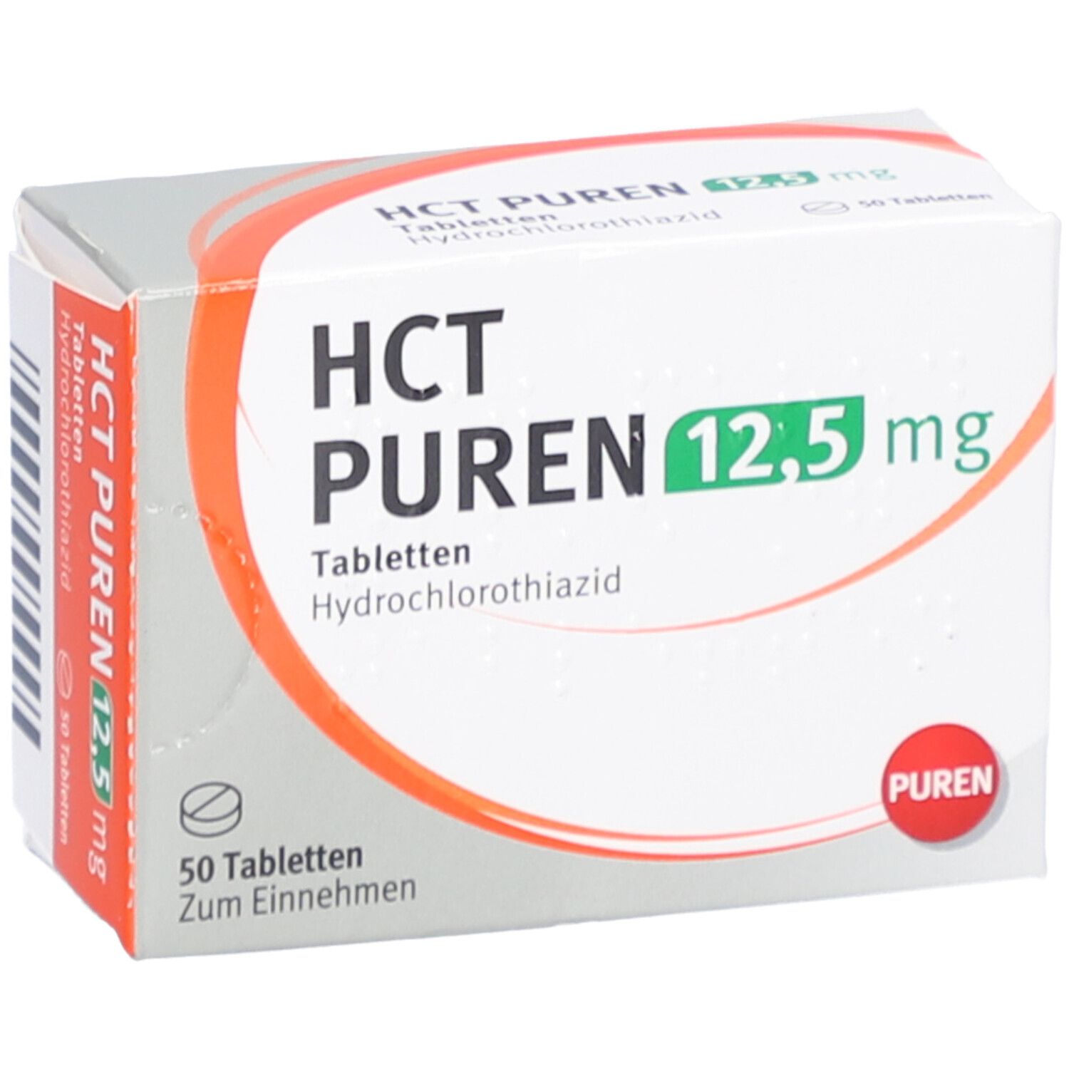HCT PUREN 12,5 mg Tabletten-Packung. Weiße Schachtel mit roter und grüner Schrift. 50 Tabletten. Hydrochlorothiazid.