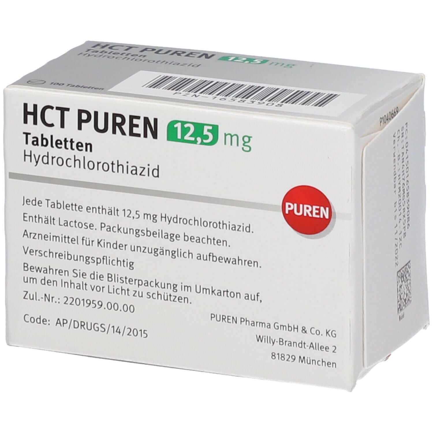 Schachtel HCT PUREN 12,5 mg Tabletten. Aufschrift: HCT PUREN 12,5 mg, 100 Tabletten. Hydrochlorothiazid. PUREN Logo und Text.