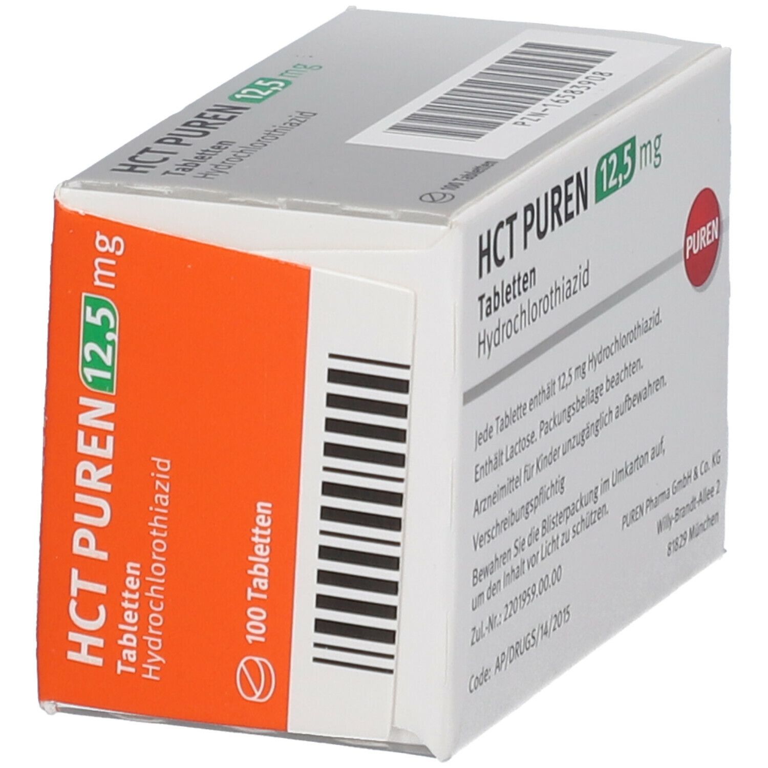 Schachtel HCT PUREN 12,5 mg Tabletten. Aufschrift: HCT PUREN 12,5 mg, 100 Tabletten. Hydrochlorothiazid. Barcode und PUREN Logo.