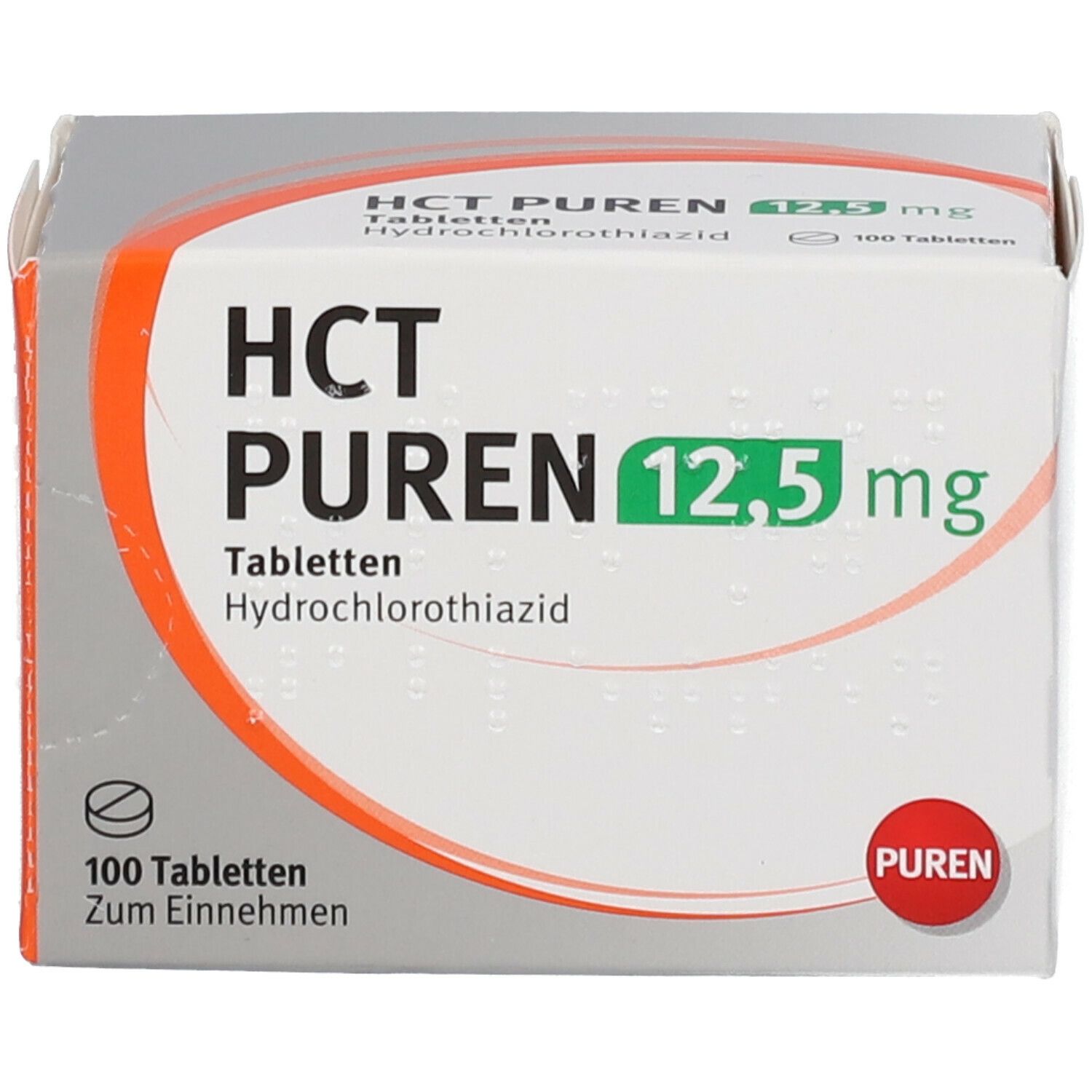 Schachtel HCT PUREN 12,5 mg Tabletten. Aufschrift: HCT PUREN 12,5 mg, 100 Tabletten. Hydrochlorothiazid. PUREN Logo.
