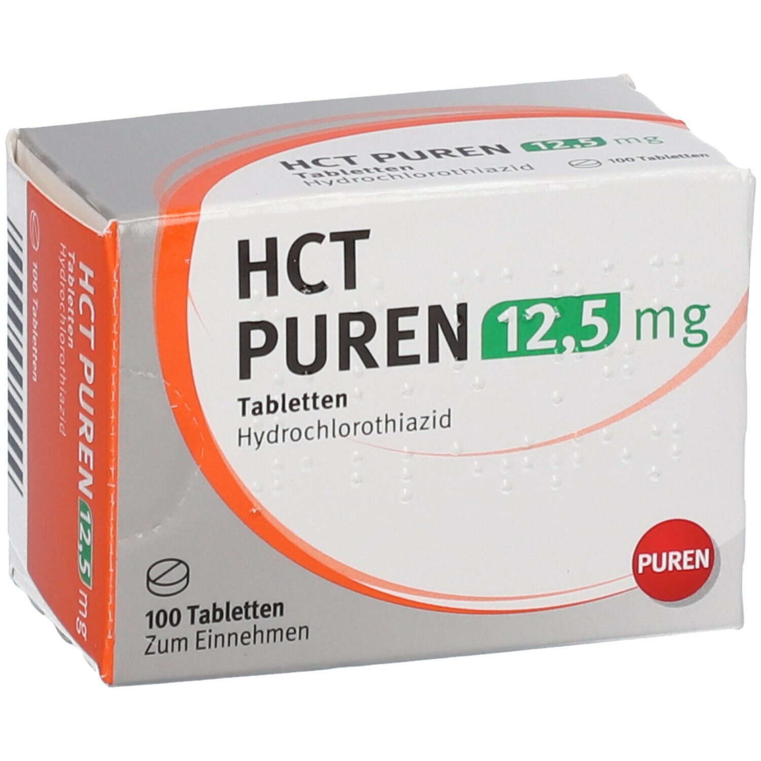 Schachtel HCT PUREN 12,5 mg Tabletten. Aufschrift: HCT PUREN 12,5 mg, 100 Tabletten. Hydrochlorothiazid. PUREN Logo.
