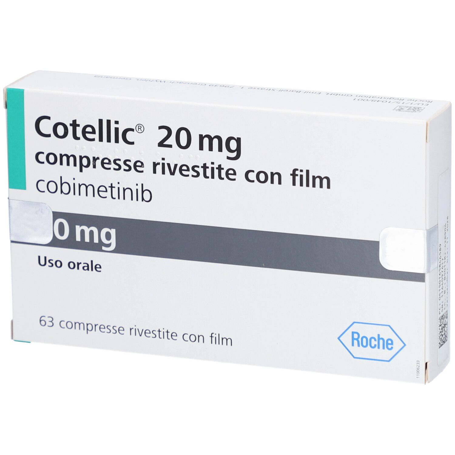 Schachtel mit COTELLIC 20 mg Filmtabletten. Aufschrift: 20 mg, compresse rivestite con film, cobimetinib. Roche-Logo.