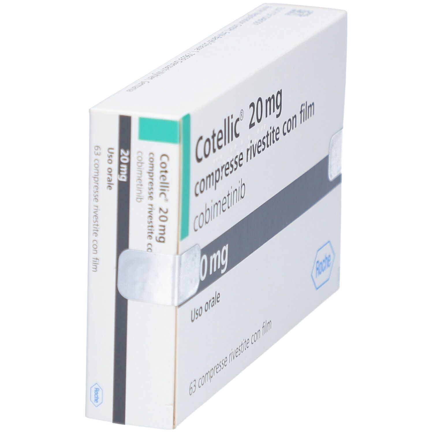 Schachtel COTELLIC 20 mg, teilweise sichtbar. Aufschrift: 20 mg, compresse rivestite con film, cobimetinib. Roche-Logo.