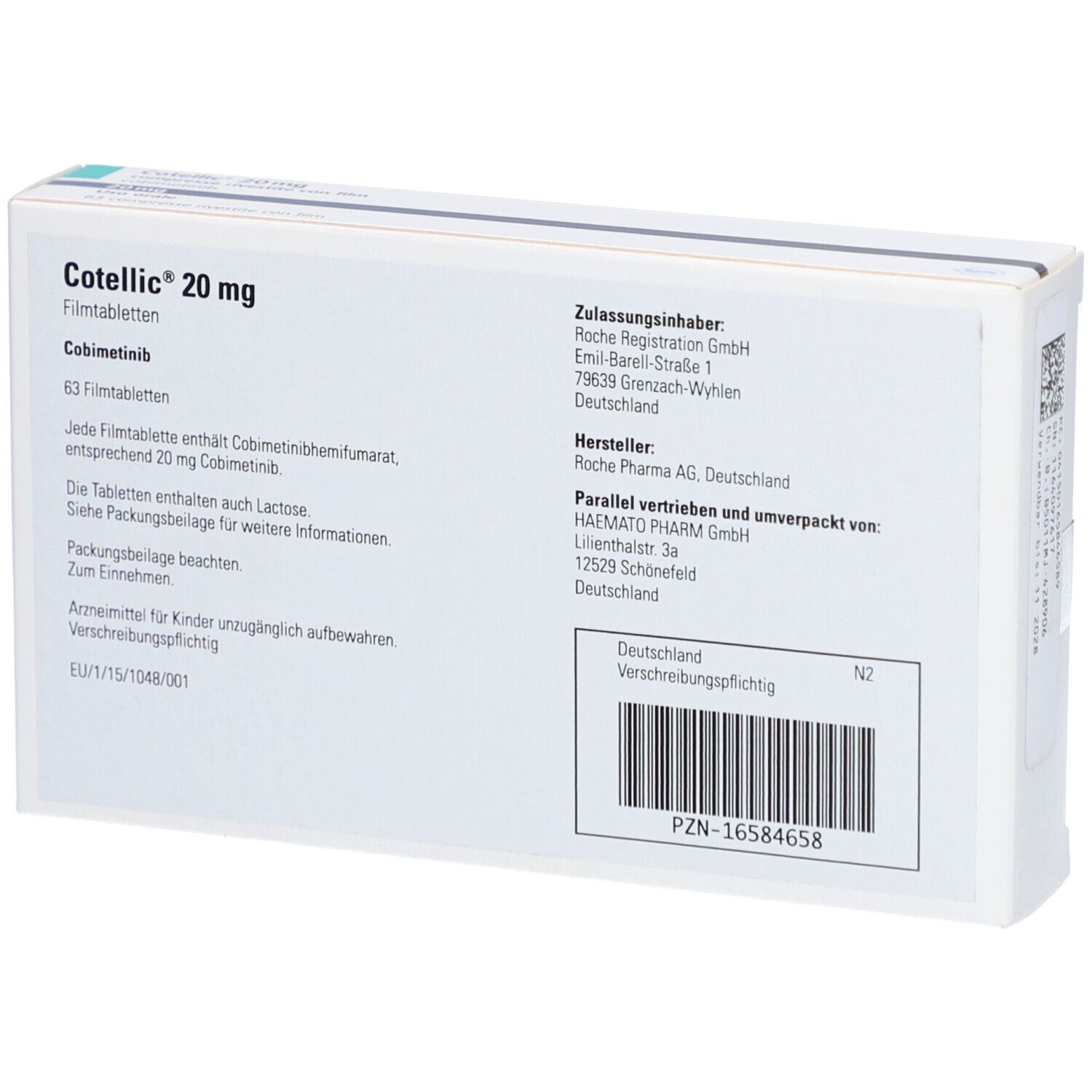Rückseite der COTELLIC 20 mg Schachtel. Informationen zu Inhaltsstoffen, Hersteller und Zulassung. Barcode.