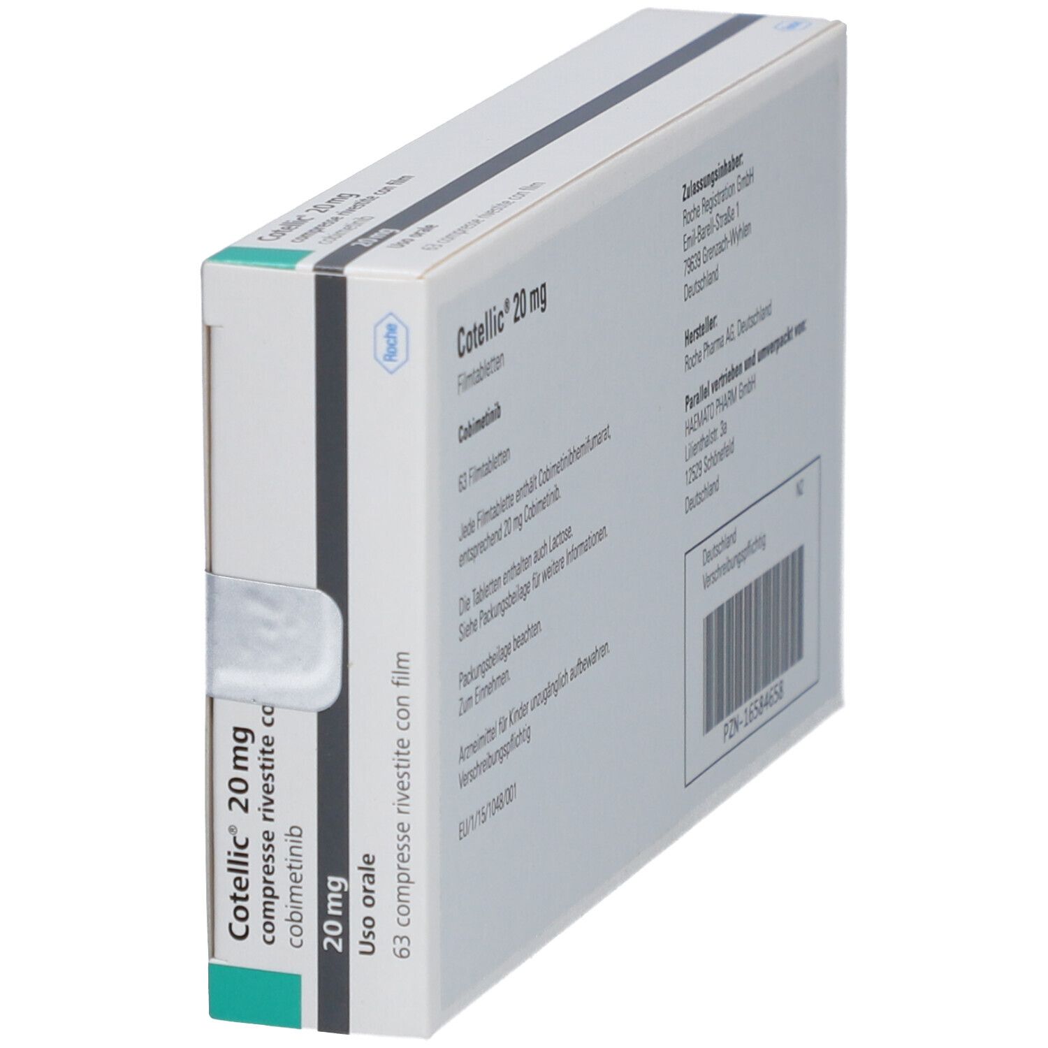 Schachtel COTELLIC 20 mg, teilweise sichtbar. Aufschrift: 20 mg, compresse rivestite con film, cobimetinib. Roche-Logo.
