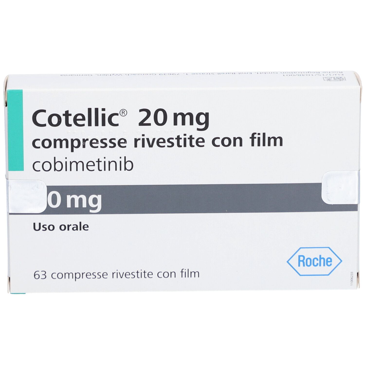 Schachtel mit COTELLIC 20 mg Filmtabletten. Aufschrift: 20 mg, compresse rivestite con film, cobimetinib. Roche-Logo.