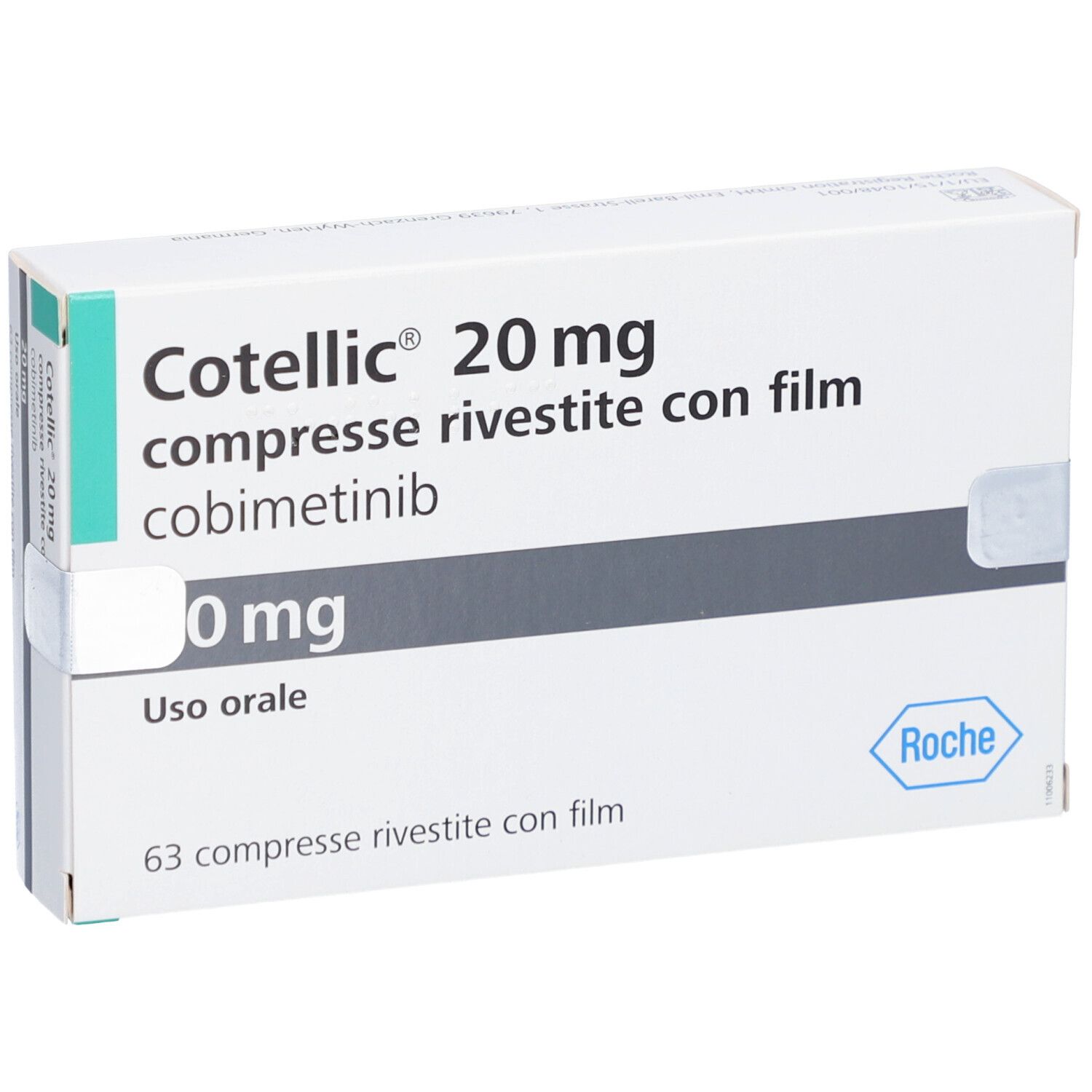 Schachtel mit COTELLIC 20 mg Filmtabletten. Aufschrift: 20 mg, compresse rivestite con film, cobimetinib. Roche-Logo.