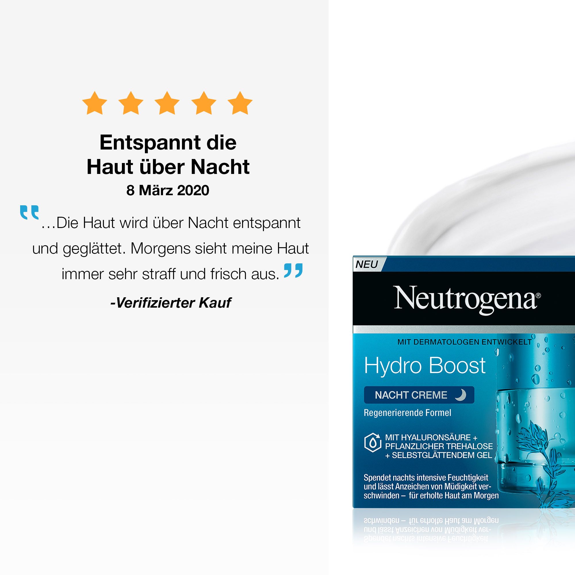 Produktverpackung und Zitat: Entspannt die Haut über Nacht. Neutrogena Hydro Boost Nachtcreme.
