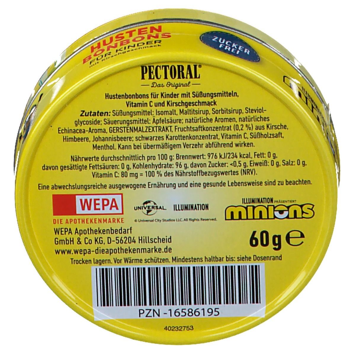 Gelbe Dose mit Text. Aufschrift PECTORAL, Hustenbonbons für Kinder, zuckerfrei. Enthält Zutaten und Nährwerte. Minions Logo.