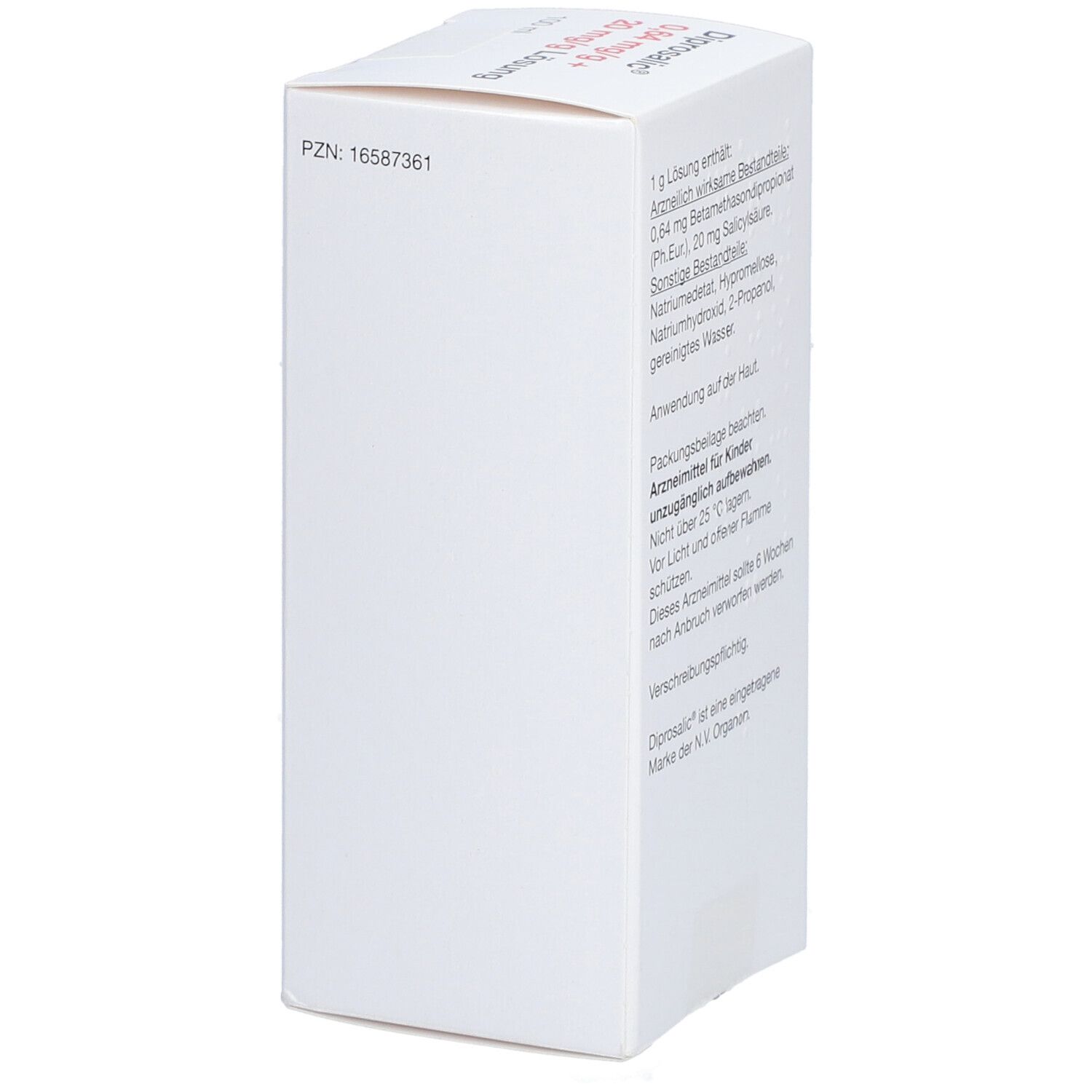 Weiße Faltschachtel. Text: PZN-Nummer. Text: Inhaltsstoffe, Anwendung, Packungsbeilage, Arzneimittel für Kinder unzugänglich aufbewahren. Text: Marke.