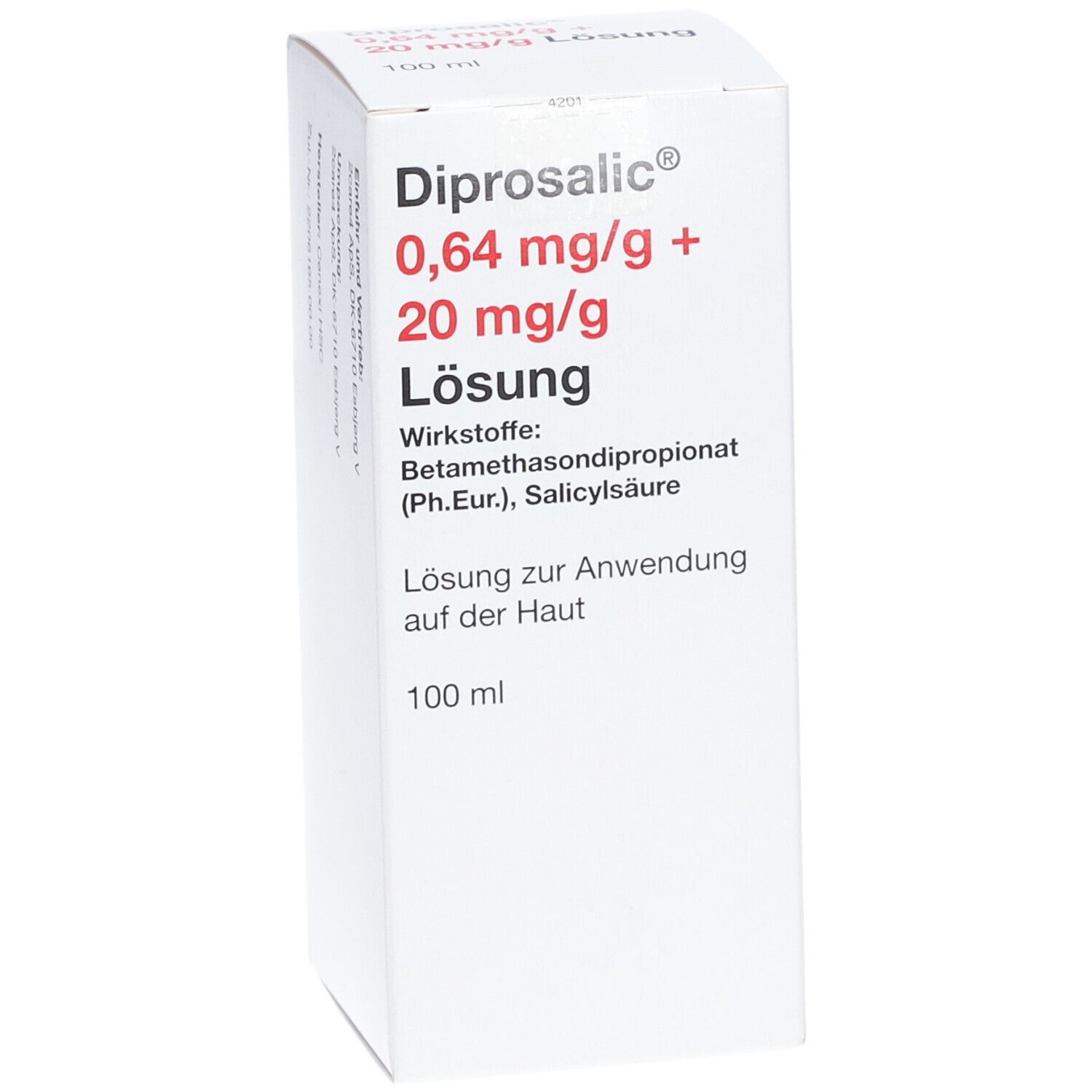 Weiße Faltschachtel. Aufdruck: Diprosalic 0,64 mg/g + 20 mg/g Lösung. Wirkstoffe: Betamethasondipropionat, Salicylsäure. 100 ml.
