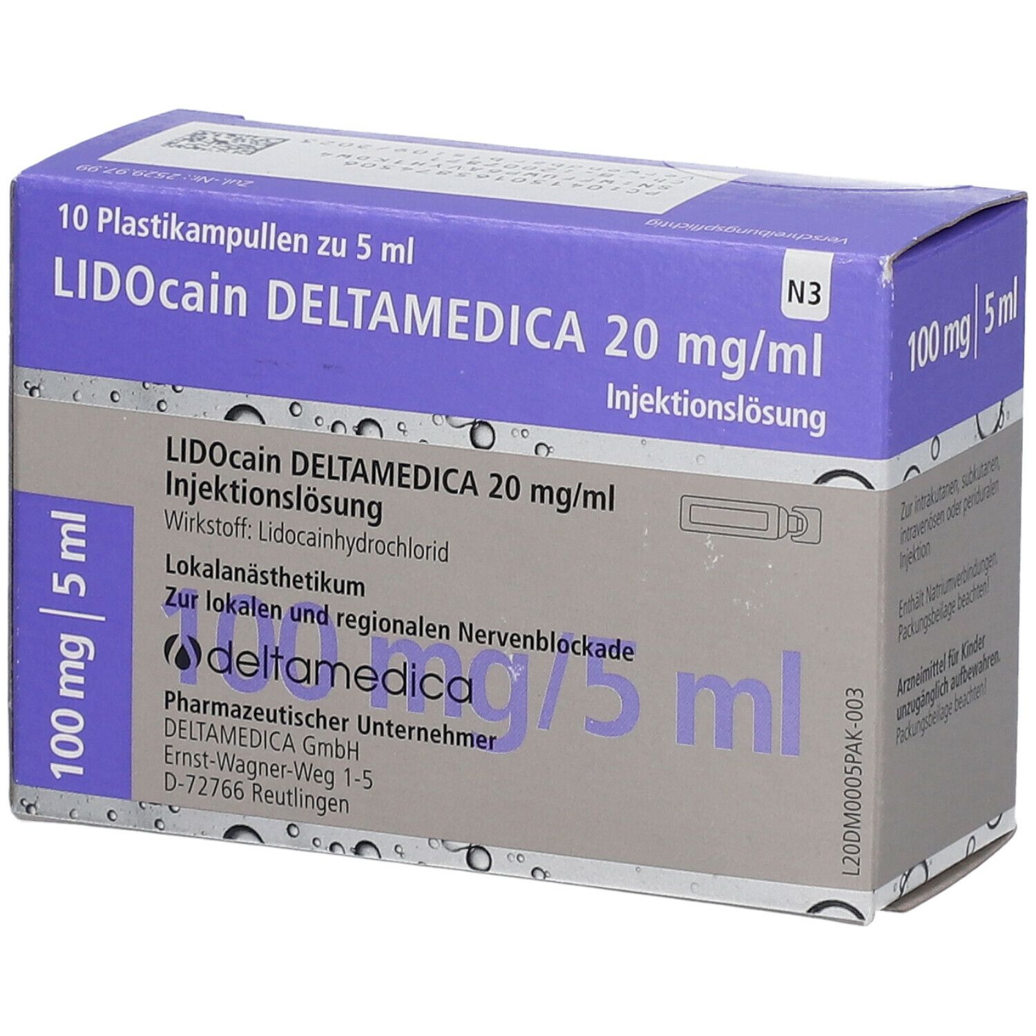 Schachtel mit Lidocain Deltamedica 20 mg/ml. Enthält 10 Ampullen. Aufschrift: 100 mg/5 ml. Lila und weißes Design.