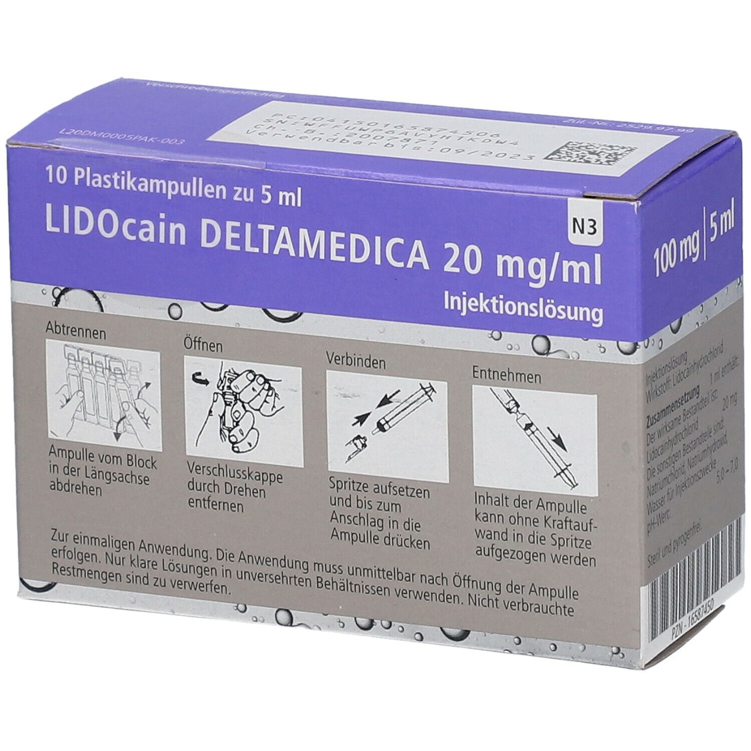 Schachtel mit Lidocain Deltamedica 20 mg/ml. Enthält 10 Ampullen. Anweisungen zur Anwendung. Lila und weißes Design.