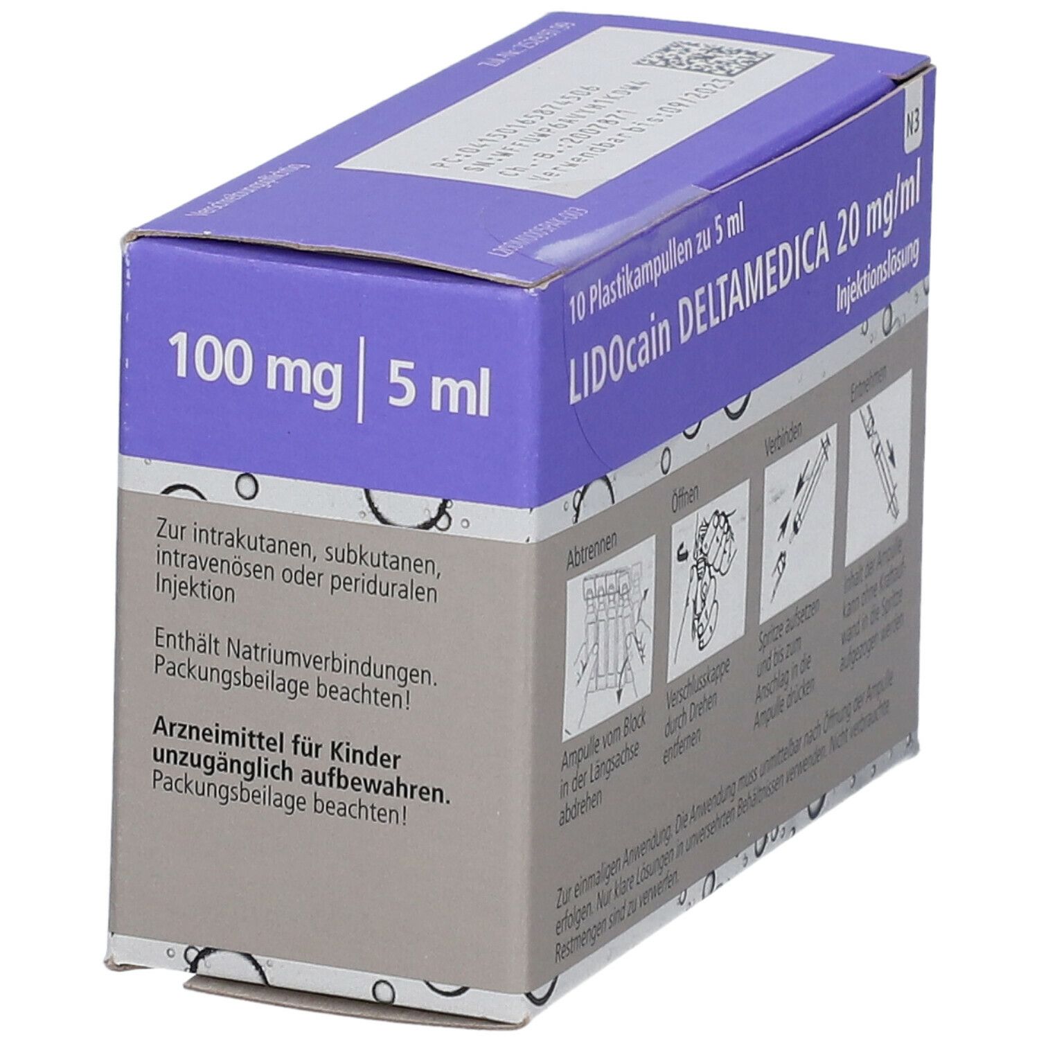 Schachtel mit Lidocain Deltamedica 20 mg/ml. Enthält 10 Ampullen. Warnhinweise. Lila und weißes Design.