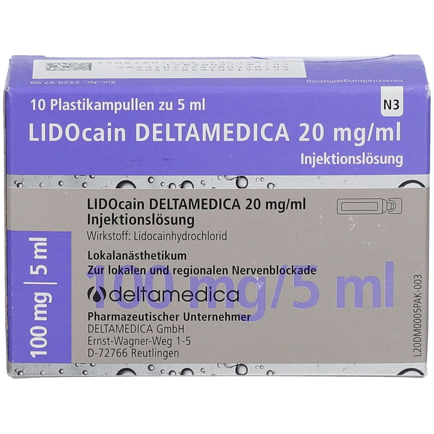 Schachtel mit Lidocain Deltamedica 20 mg/ml. Enthält 10 Ampullen. Aufschrift: 100 mg/5 ml. Lila und weißes Design.