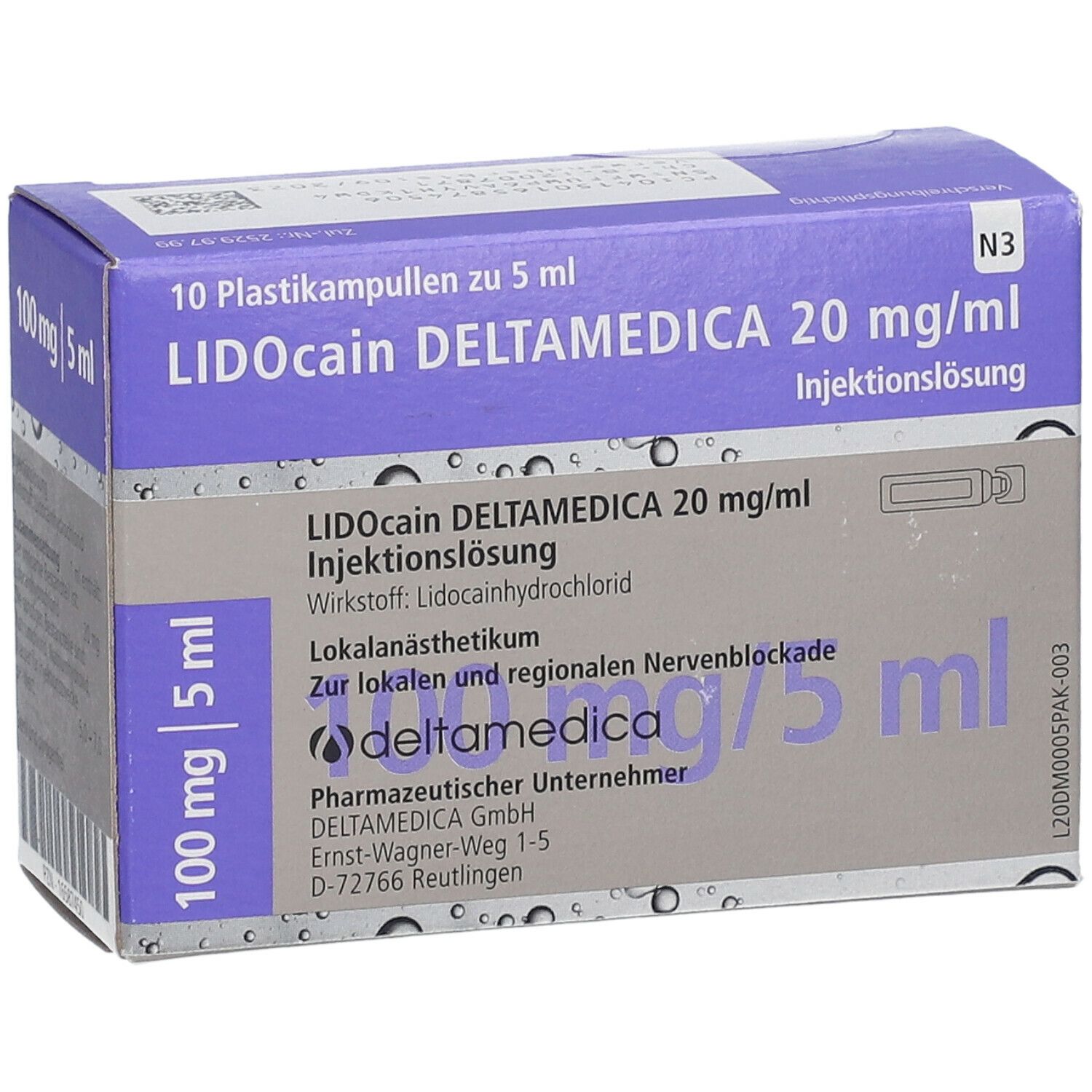 Schachtel mit Lidocain Deltamedica 20 mg/ml. Enthält 10 Ampullen. Aufschrift: 100 mg/5 ml. Lila und weißes Design.