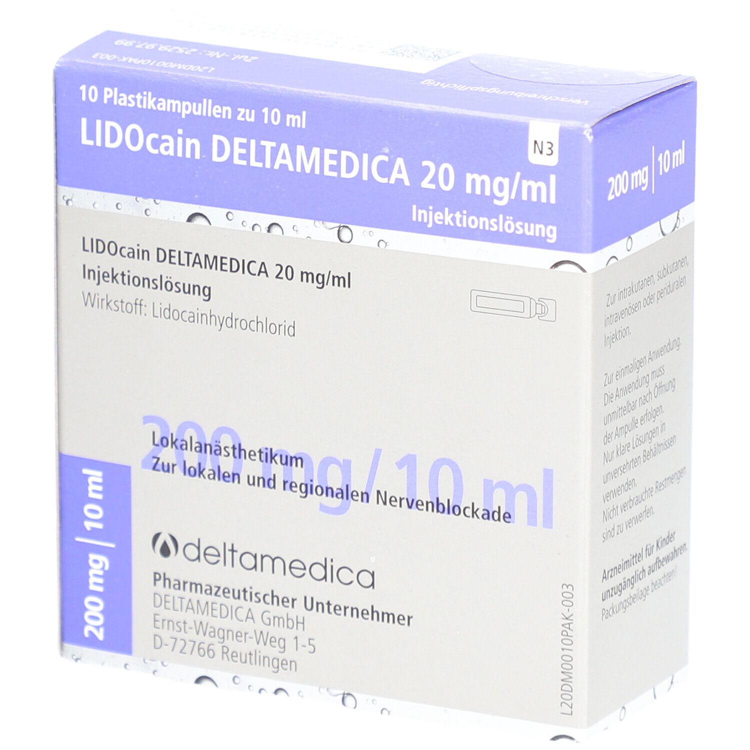 Karton mit Lidocain Deltamedica 20 mg/ml. Aufschrift: 10 Plastikampullen zu 10 ml. 200 mg/10 ml. Injektionslösung.