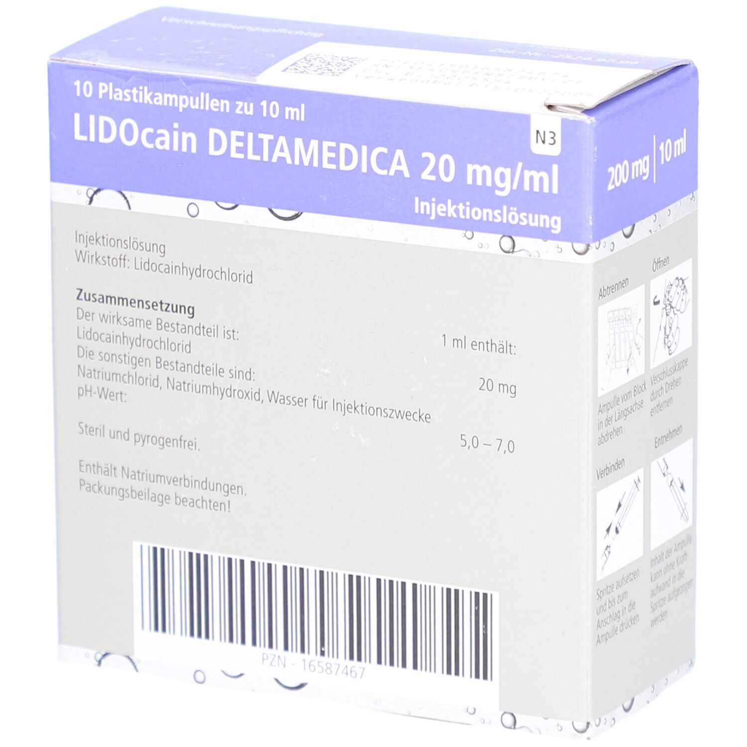 Karton mit Lidocain Deltamedica 20 mg/ml. Aufdruck: 10 Plastikampullen zu 10 ml. 200 mg/10 ml. Zusammensetzung und weitere Informationen.