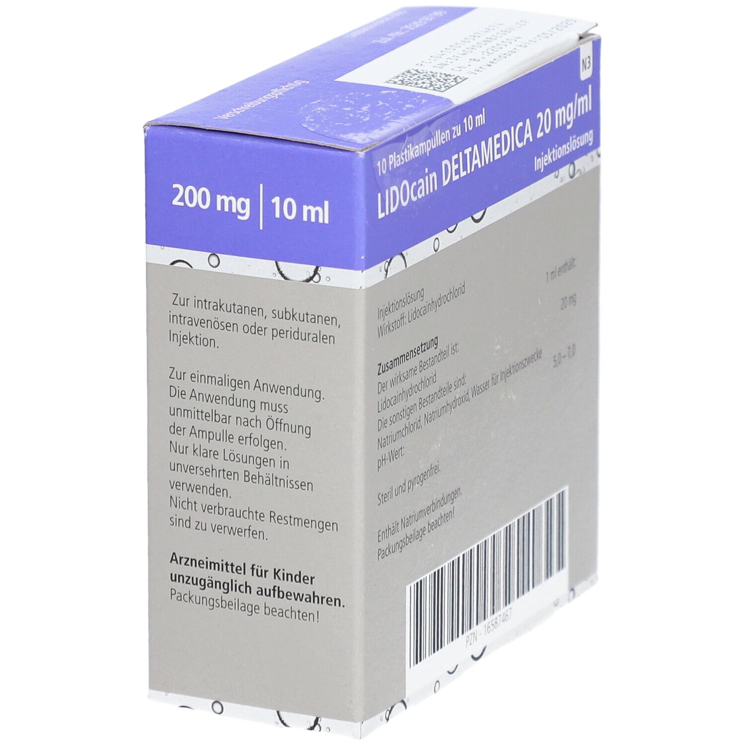 Karton mit Lidocain Deltamedica 20 mg/ml. Aufdruck: 10 Plastikampullen zu 10 ml. 200 mg/10 ml. Hinweise zur Anwendung.