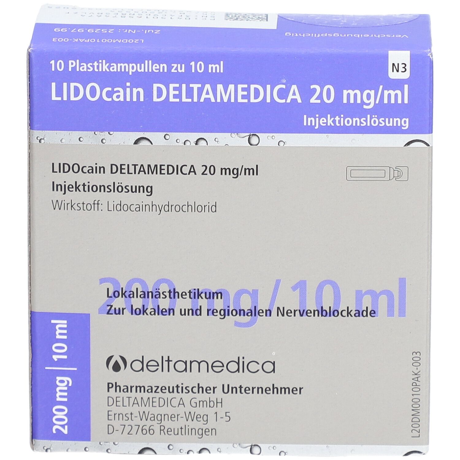 Karton mit Lidocain Deltamedica 20 mg/ml. Aufschrift: 10 Plastikampullen zu 10 ml. 200 mg/10 ml. Injektionslösung.