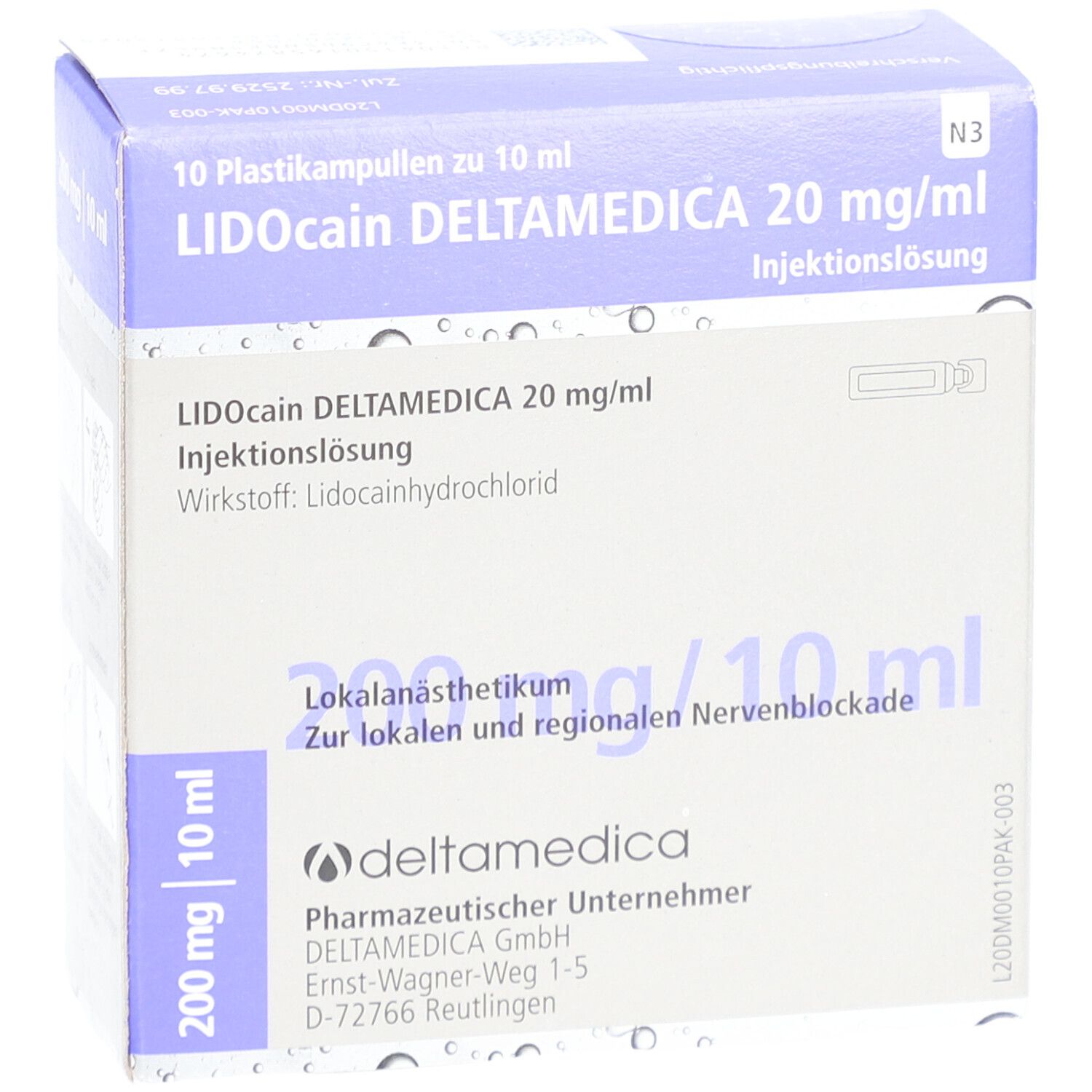 Karton mit Lidocain Deltamedica 20 mg/ml. Aufschrift: 10 Plastikampullen zu 10 ml. 200 mg/10 ml. Injektionslösung.
