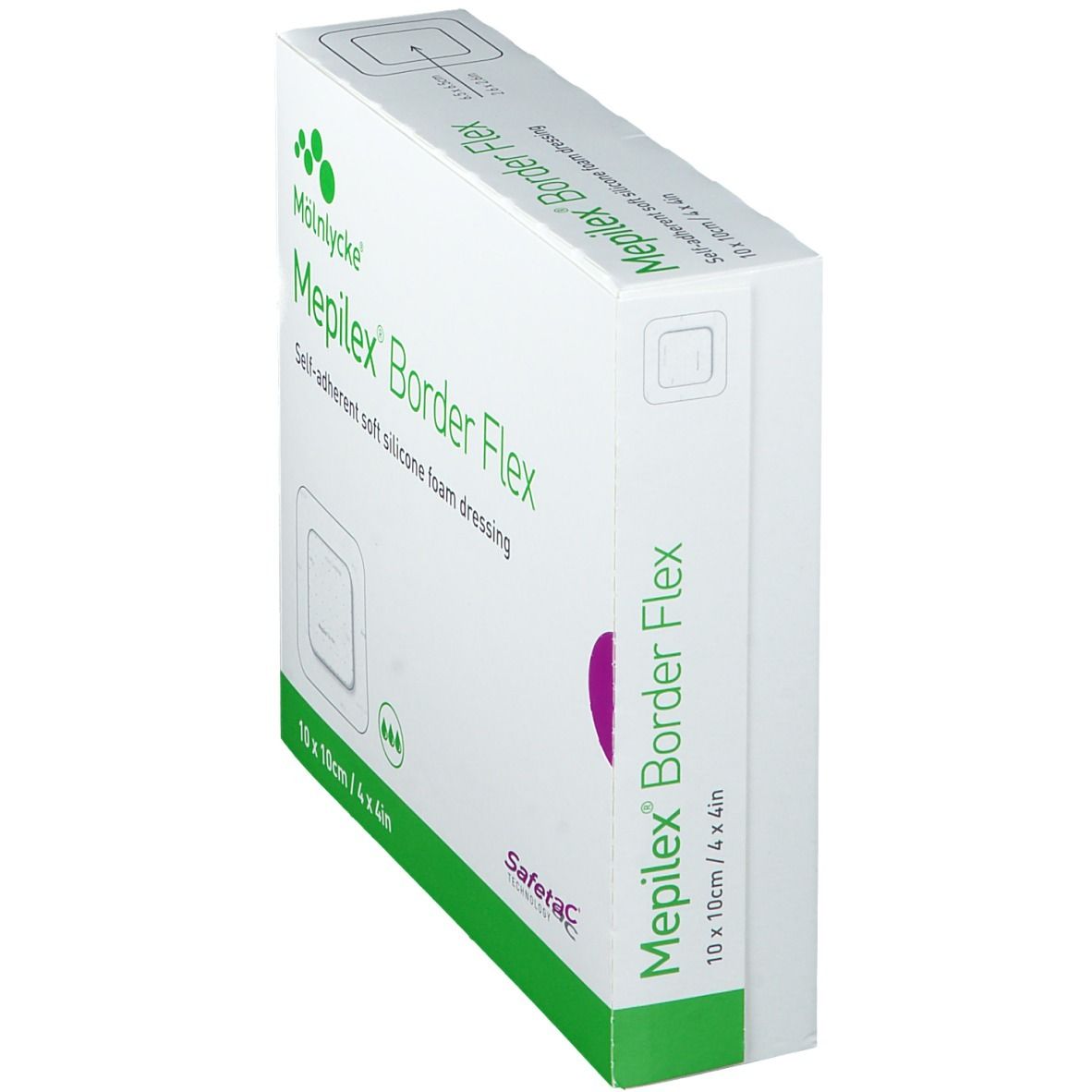 Mepilex Border Flex 10x10cm Verpackung, Seitenansicht. Selbsthaftende, weiche Silikon-Schaumstoffwundauflage.