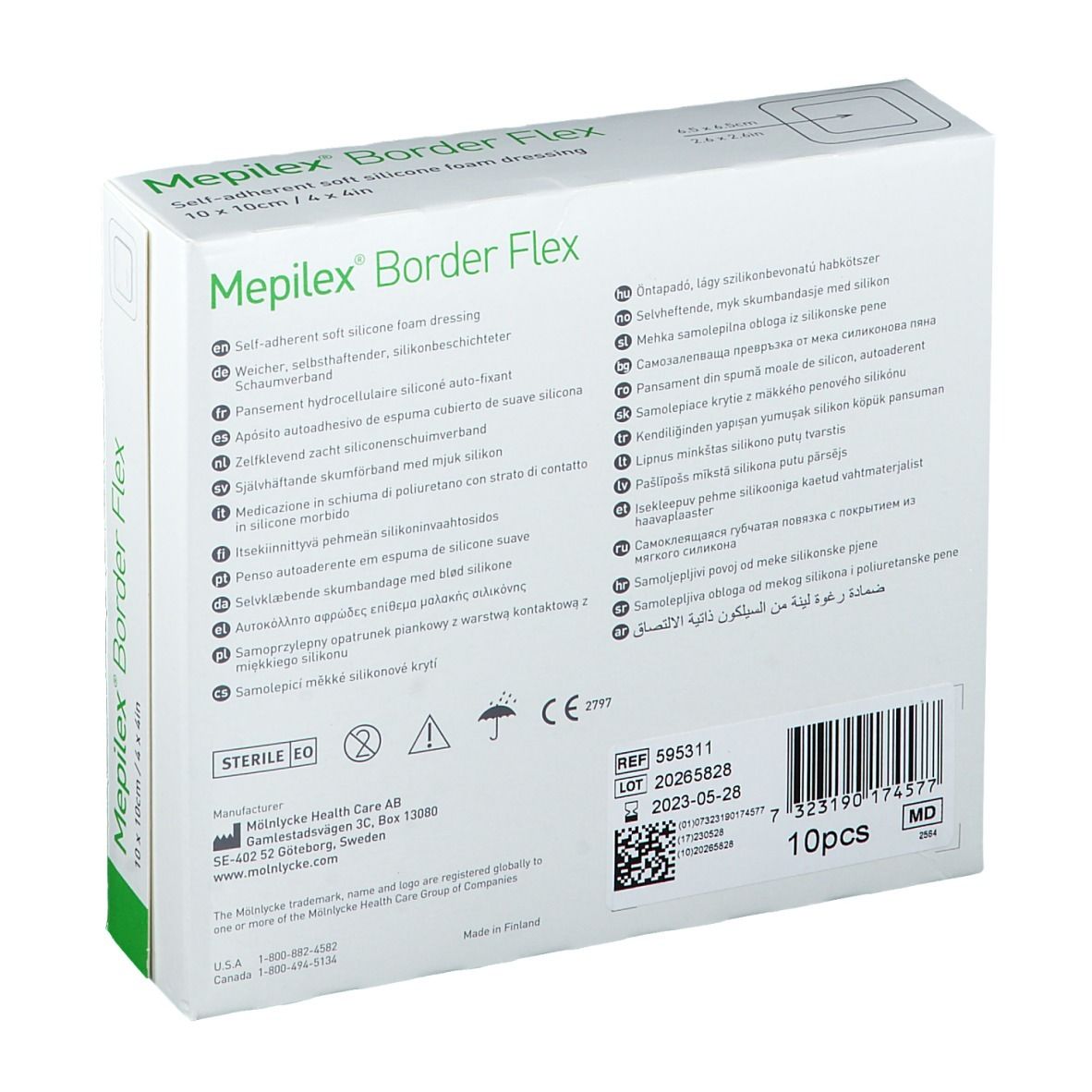 Rückseite der Mepilex Border Flex 10x10cm Verpackung mit Produktinformationen und Symbolen.