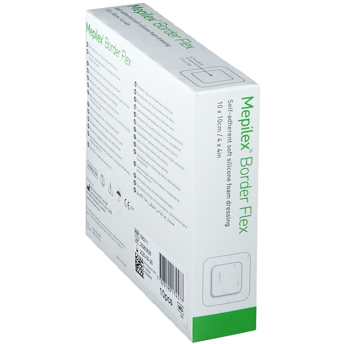 Mepilex Border Flex 10x10cm Verpackung, schräge Ansicht. Selbsthaftende, weiche Silikon-Schaumstoffwundauflage.