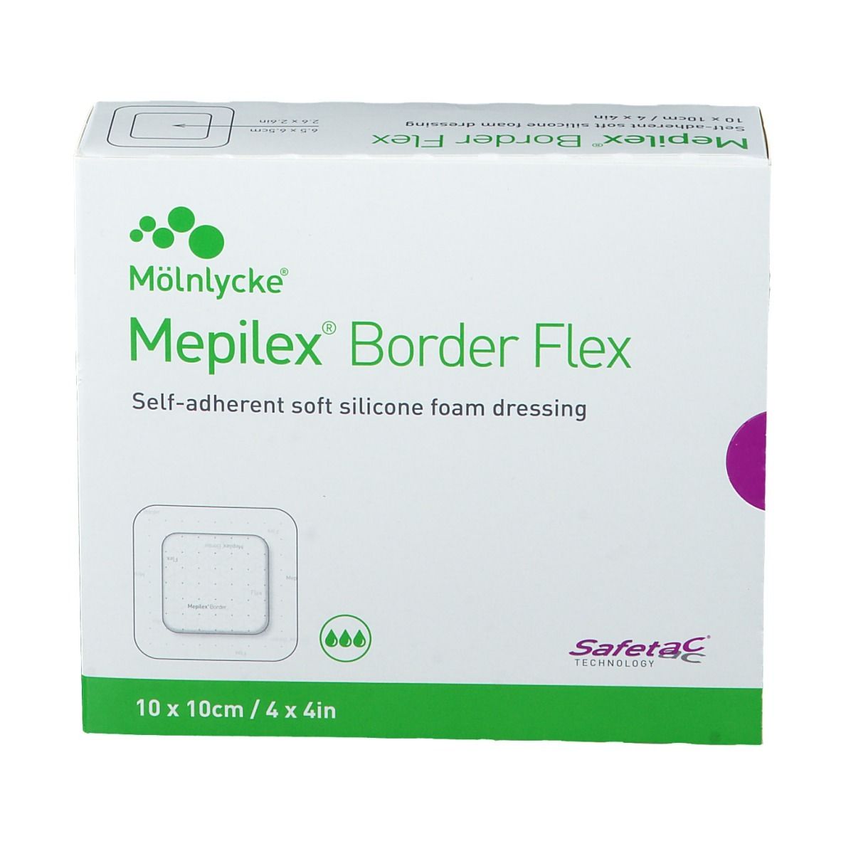 Mepilex Border Flex 10x10cm Verpackung. Selbsthaftende, weiche Silikon-Schaumstoffwundauflage.