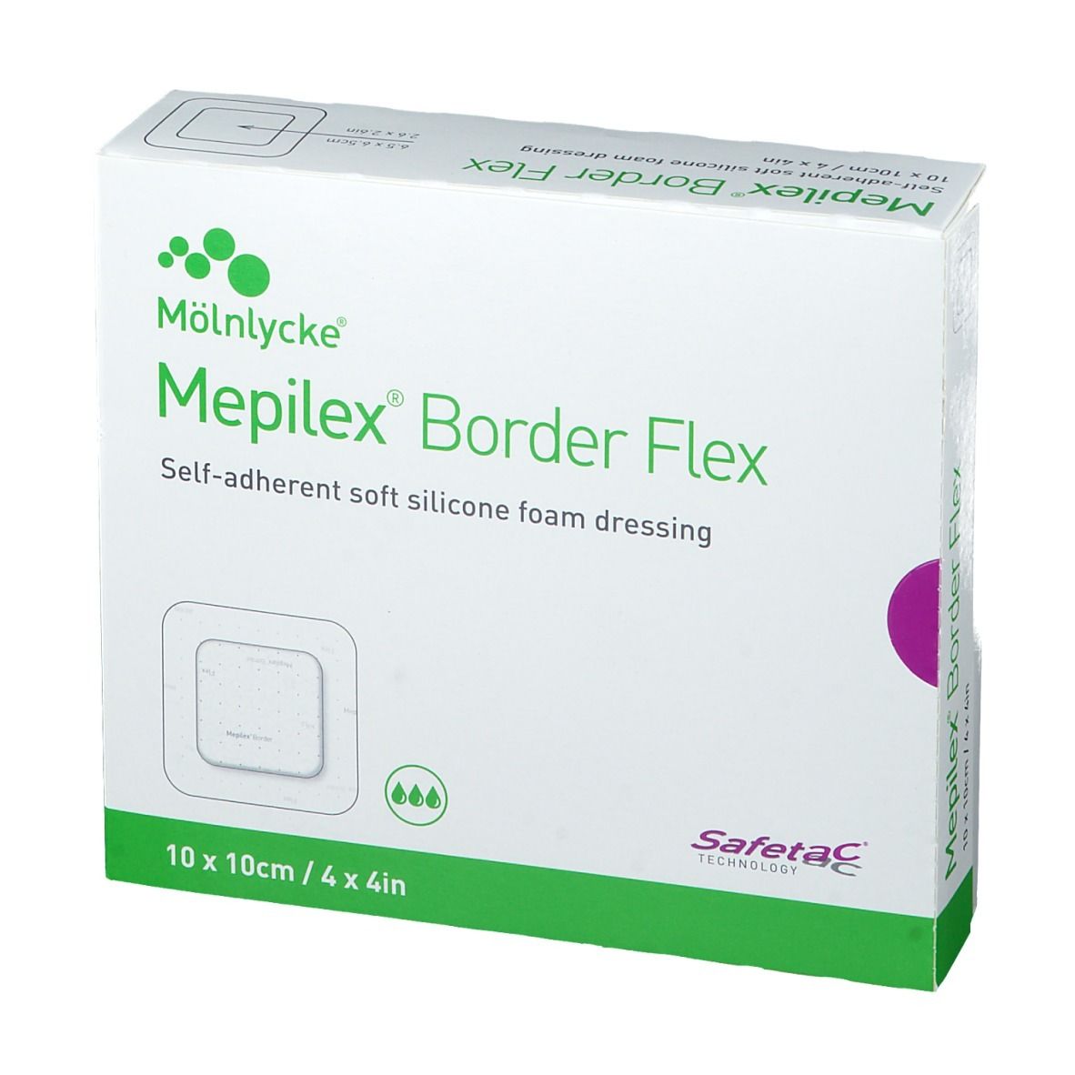 Mepilex Border Flex 10x10cm Verpackung. Selbsthaftende, weiche Silikon-Schaumstoffwundauflage.