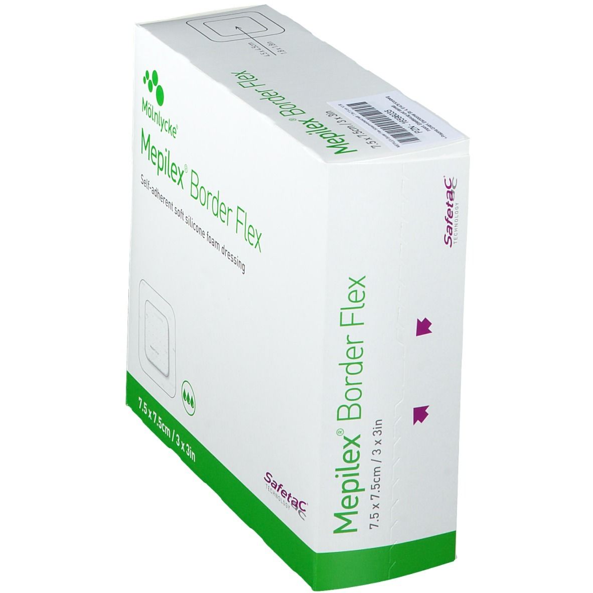 Verpackung Mepilex Border Flex, selbsthaftende Silikon-Schaumstoffwundauflage, 7,5 x 7,5 cm.