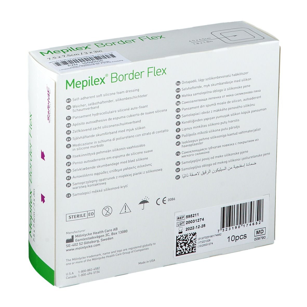 Rückseite der Verpackung Mepilex Border Flex mit Produktinformationen und CE-Kennzeichnung.