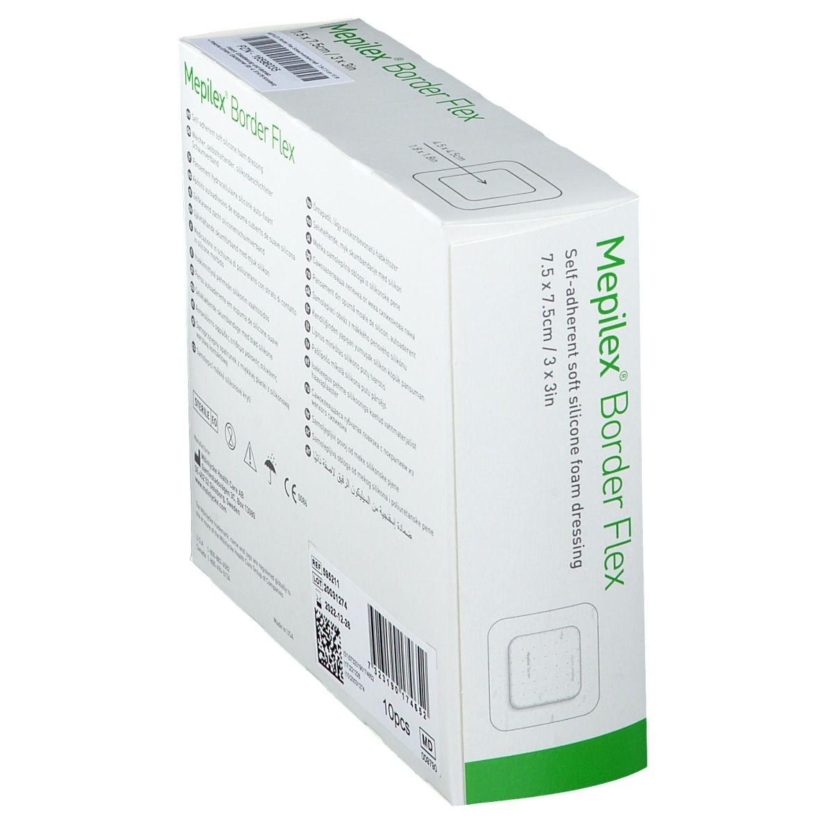 Verpackung Mepilex Border Flex, selbsthaftende Silikon-Schaumstoffwundauflage, 7,5 x 7,5 cm.