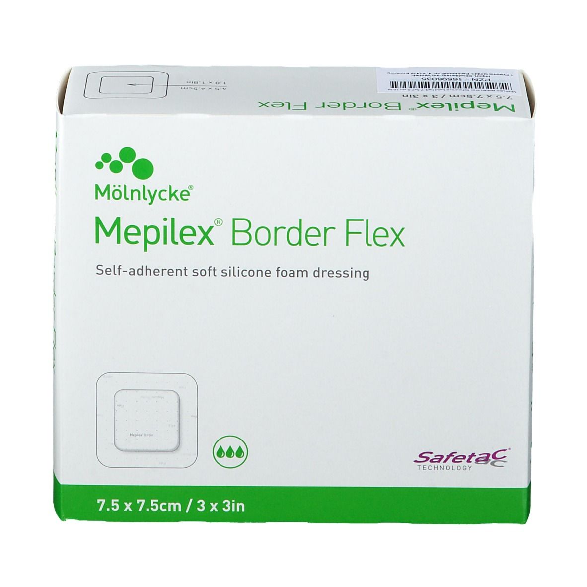 Verpackung Mepilex Border Flex, selbsthaftende Silikon-Schaumstoffwundauflage, 7,5 x 7,5 cm.