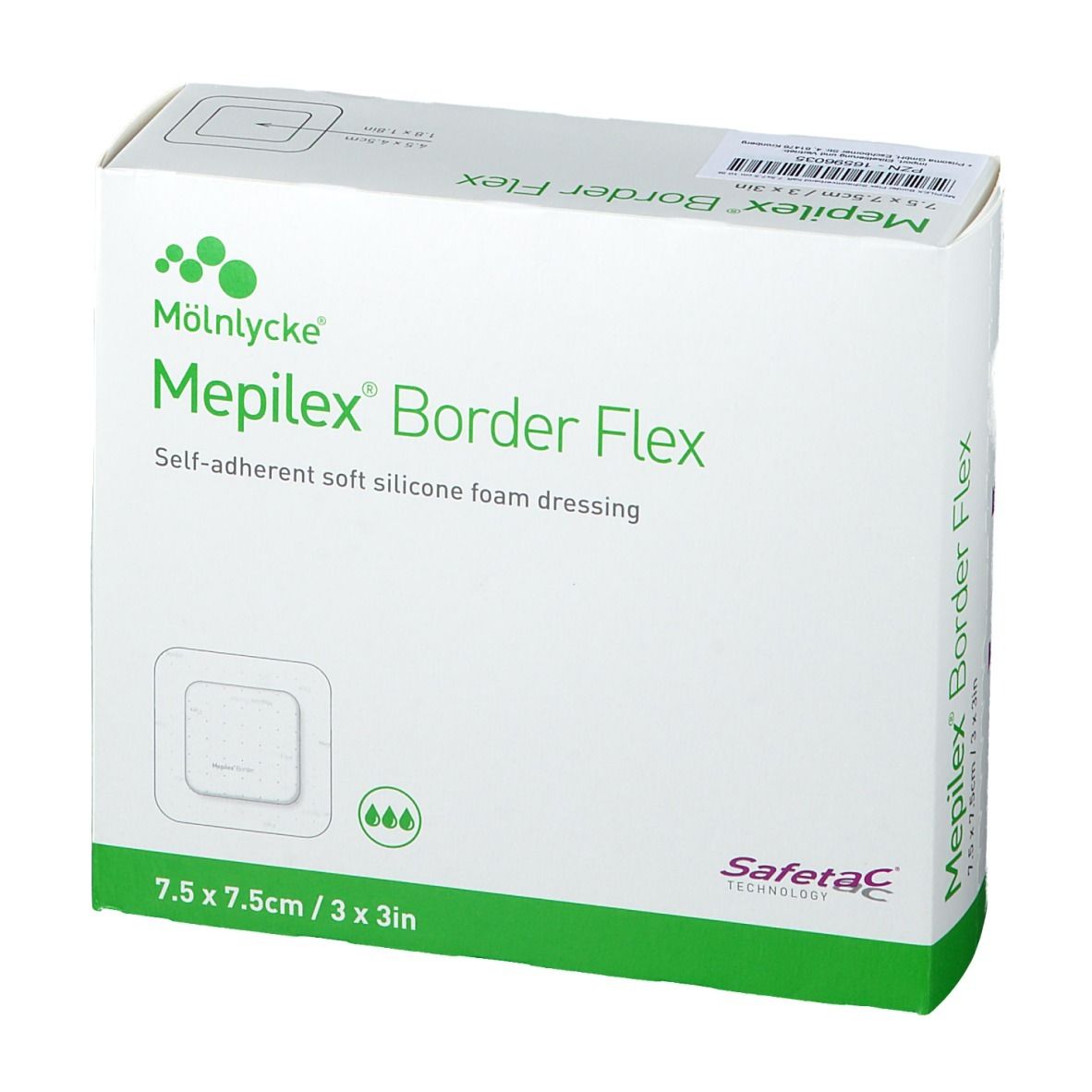 Verpackung Mepilex Border Flex, selbsthaftende Silikon-Schaumstoffwundauflage, 7,5 x 7,5 cm.