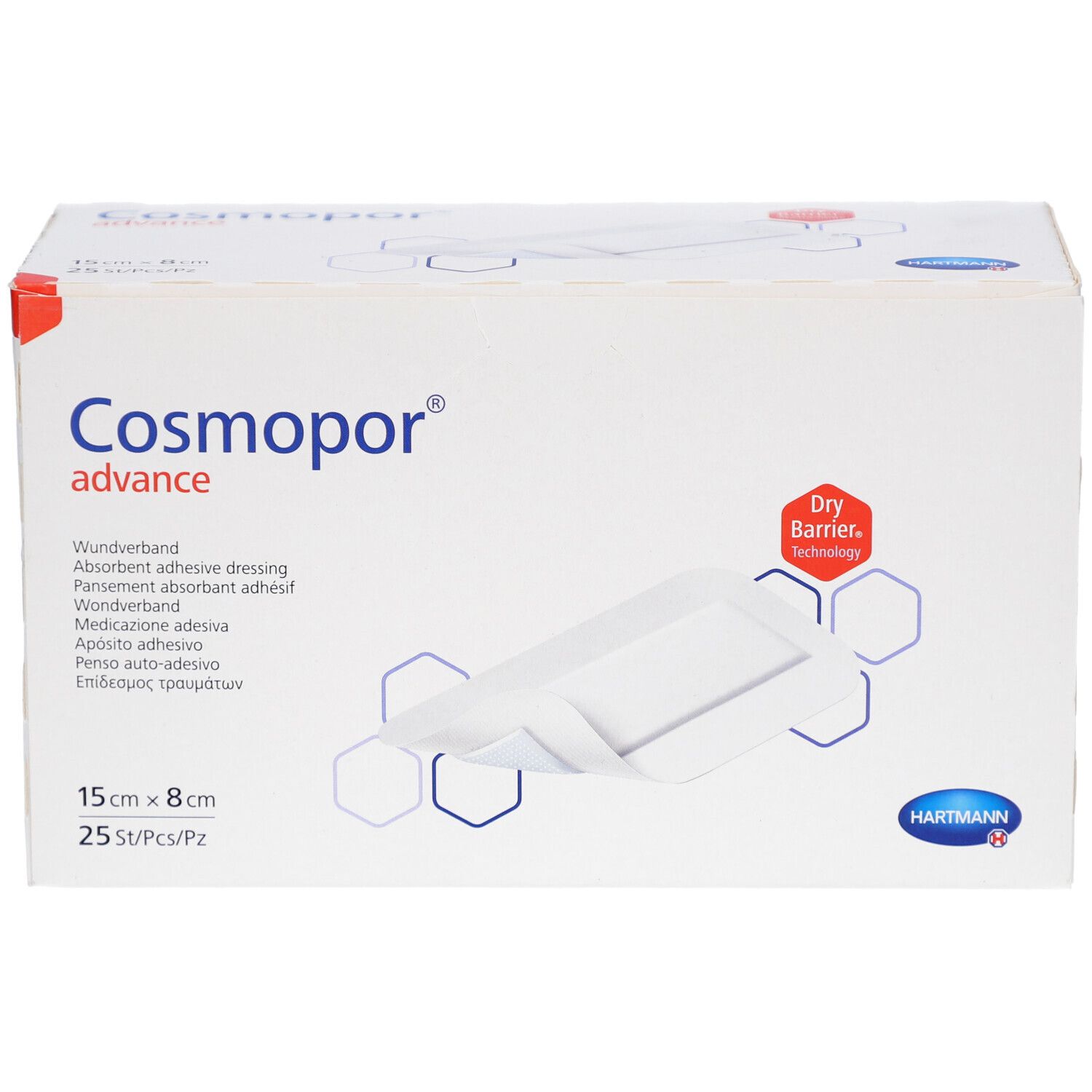Verband Cosmopor advance, 15 cm x 8 cm, 25 Stück. Weiße Verpackung mit Produktabbildung und Logo. Dry Barrier Technologie.