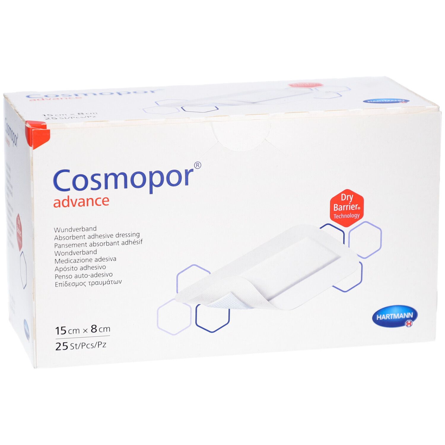 Verband Cosmopor advance, 15 cm x 8 cm, 25 Stück. Weiße Verpackung mit Produktabbildung und Logo. Dry Barrier Technologie.