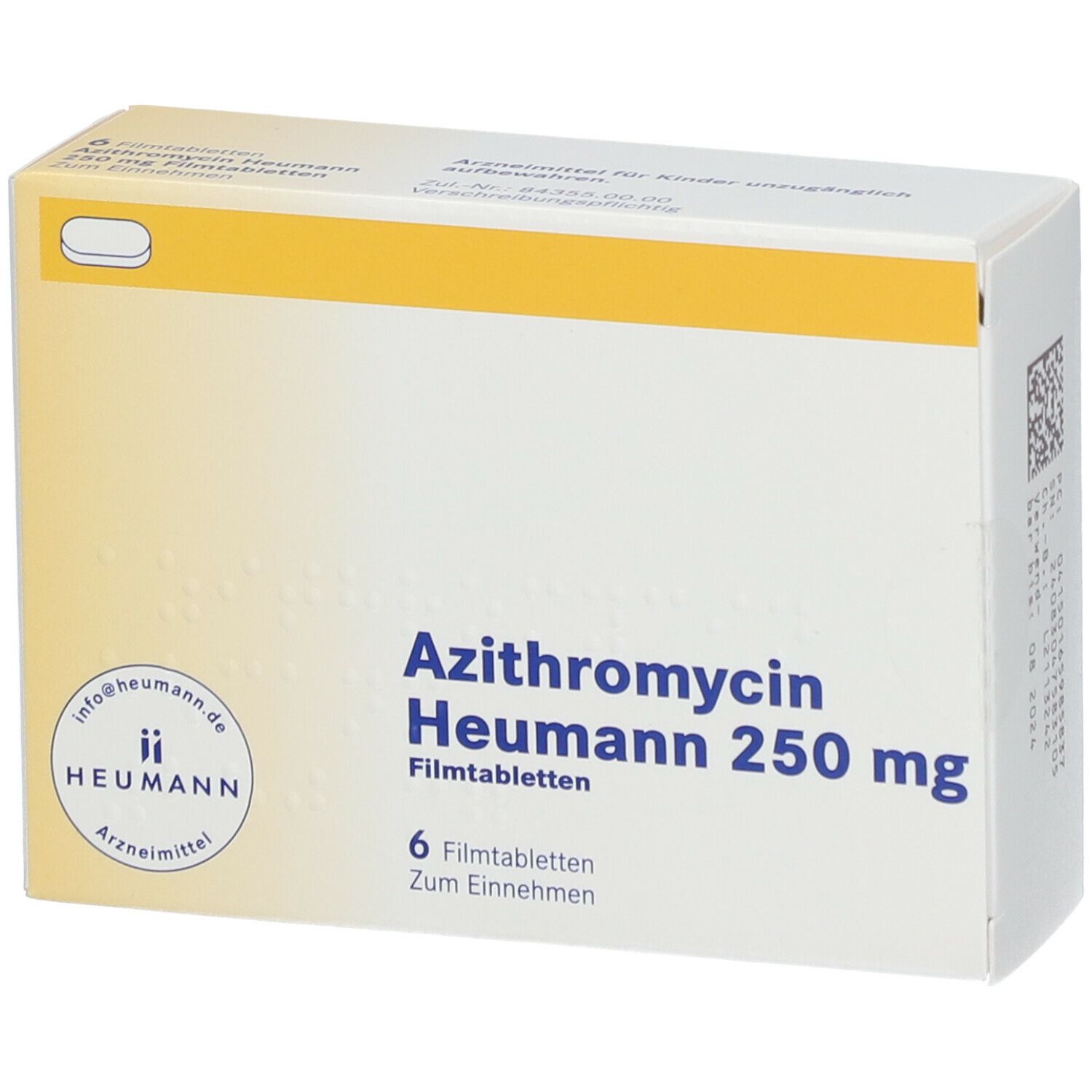 Schachtel mit Azithromycin Heumann 250 mg Filmtabletten. 6 Tabletten. Aufdruck: Heumann, Arznei.
