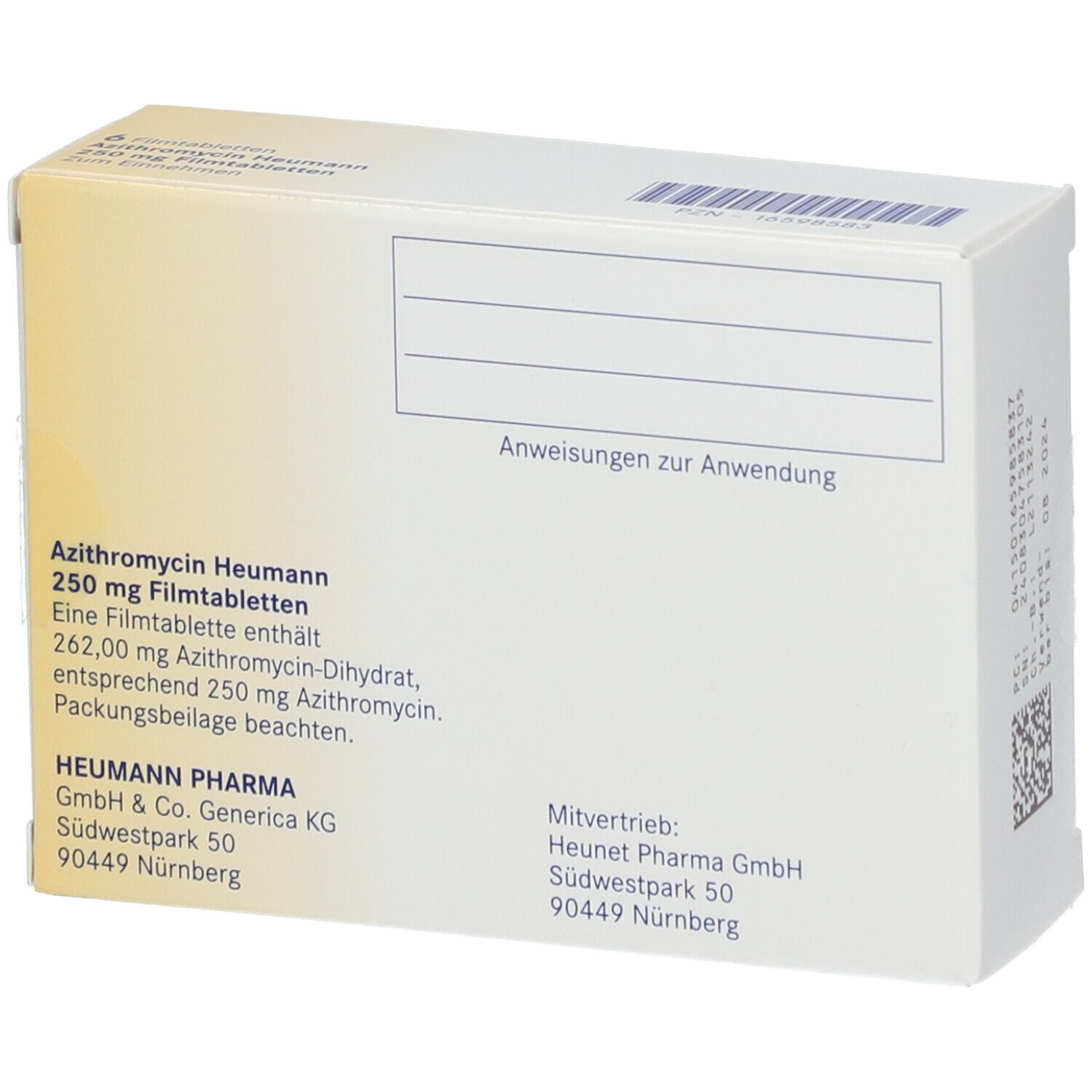 Rückseite der Schachtel mit Azithromycin Heumann 250 mg Filmtabletten. Text: Anweisungen zur Anwendung.