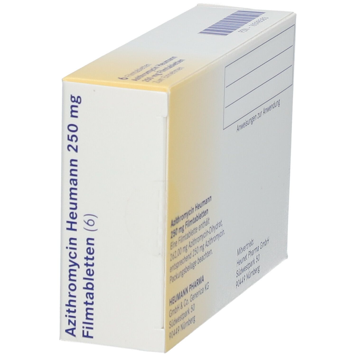 Schachtel mit Azithromycin Heumann 250 mg Filmtabletten. Seitenansicht. Text: Packungsbeilage beachten.