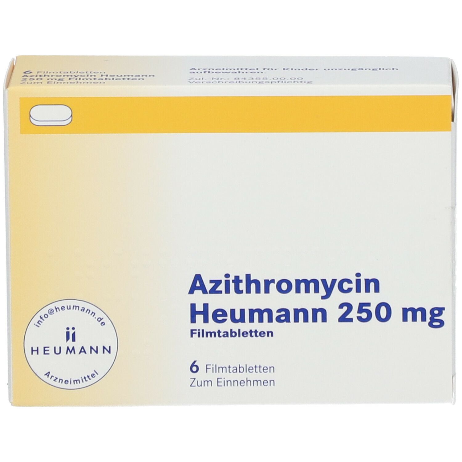 Schachtel mit Azithromycin Heumann 250 mg Filmtabletten. 6 Tabletten. Aufdruck: Heumann, Arznei.