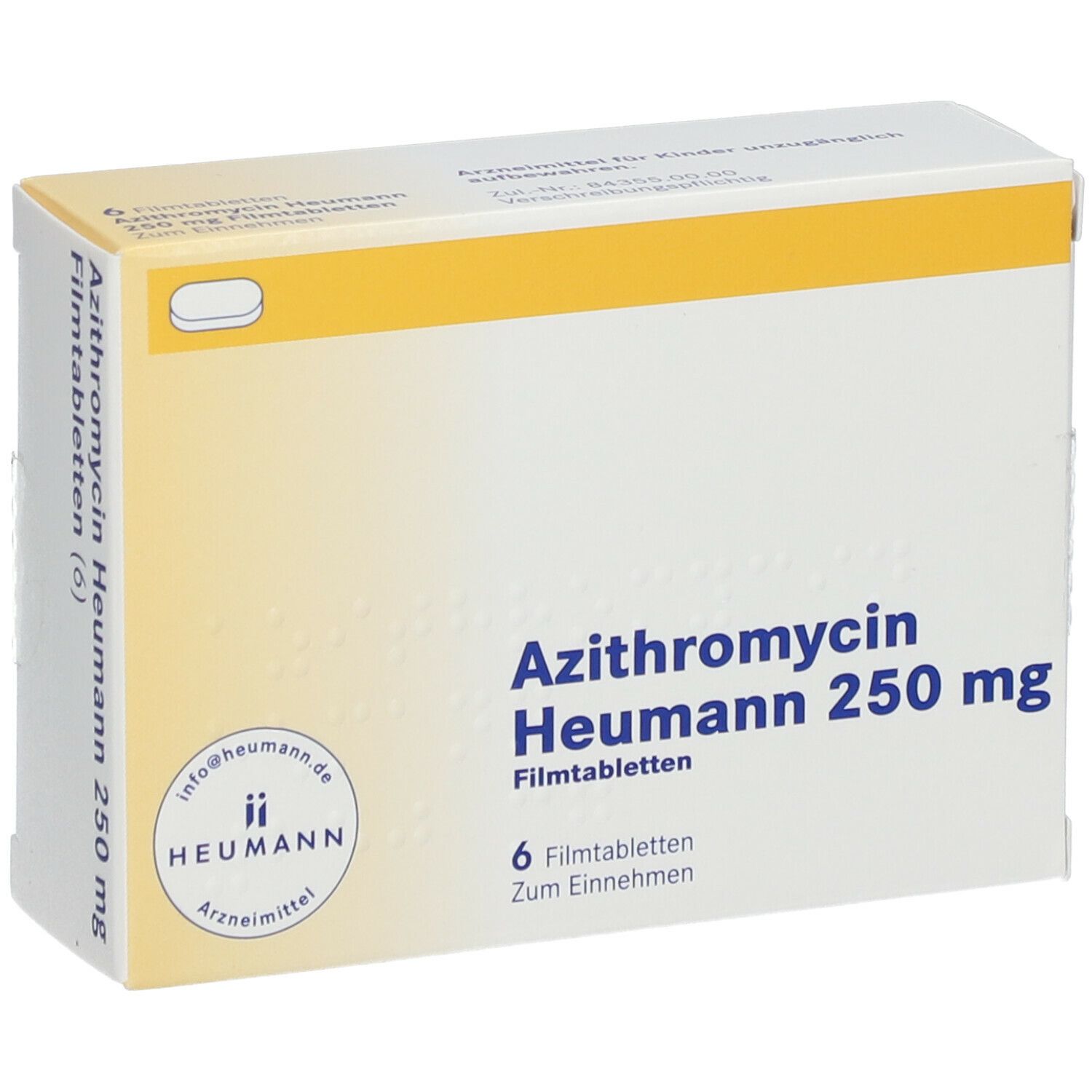 Schachtel mit Azithromycin Heumann 250 mg Filmtabletten. 6 Tabletten. Aufdruck: Heumann, Arznei.