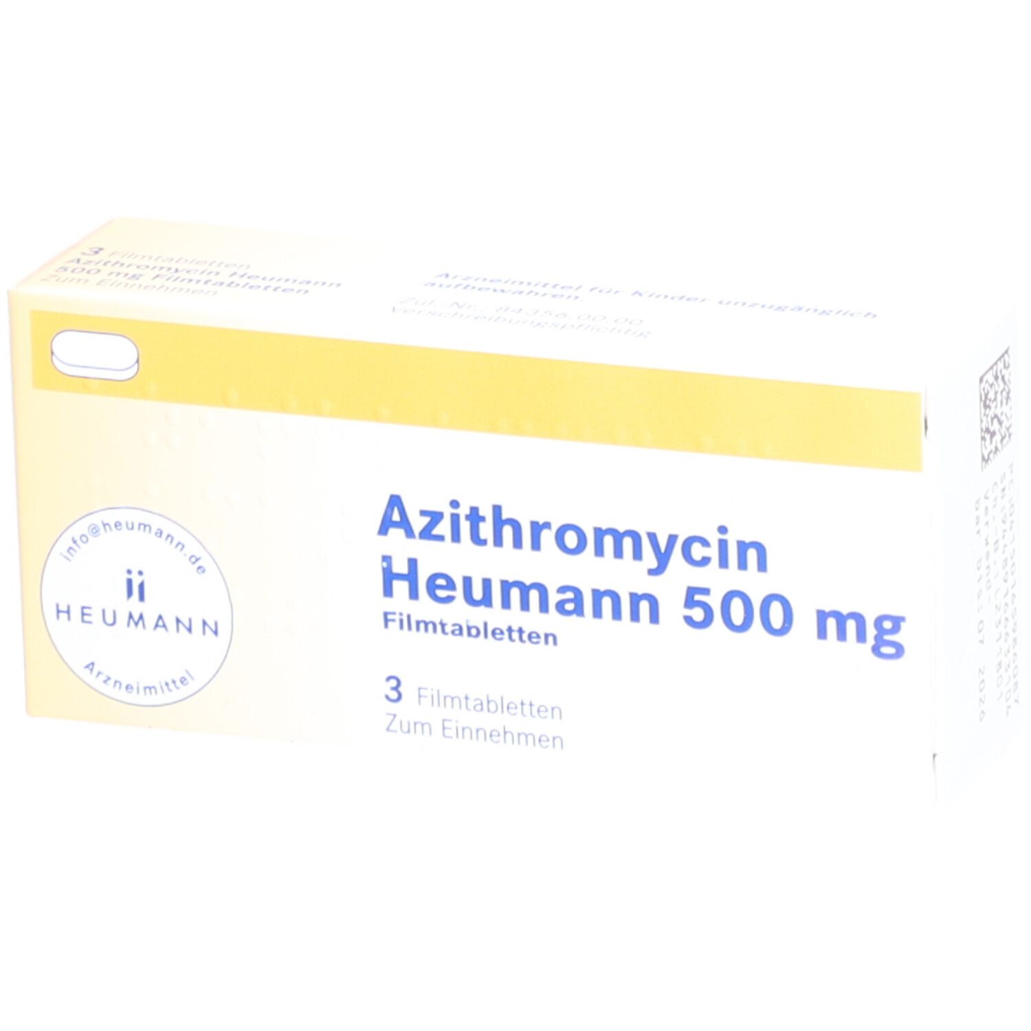 Schachtel mit Azithromycin Heumann 500 mg Filmtabletten. Aufschrift: 3 Filmtabletten. Heumann Logo. Gelb-weiße Verpackung.