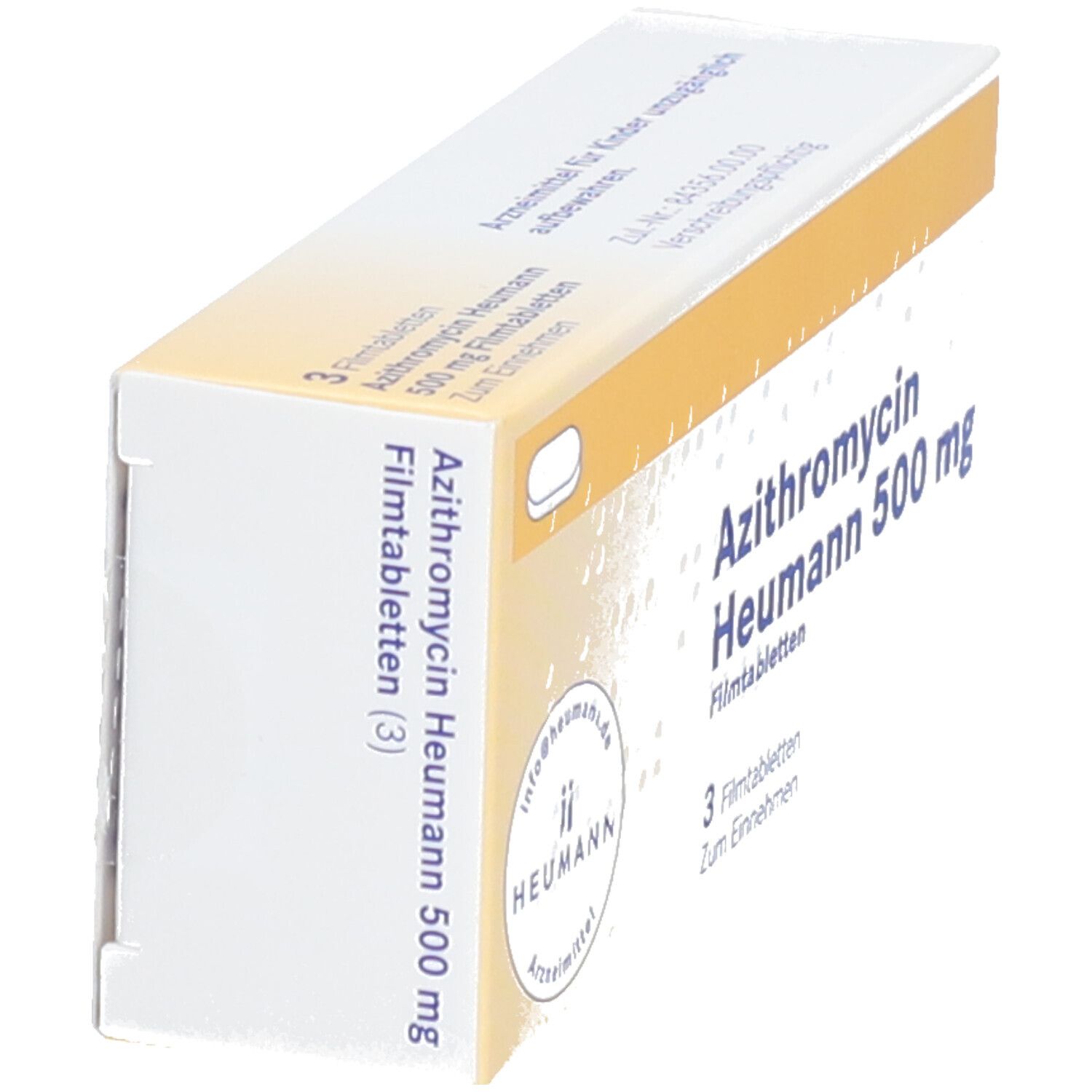 Schachtel Azithromycin Heumann 500 mg Filmtabletten. Aufschrift: 3 Filmtabletten. Heumann Logo. Gelb-weiße Verpackung.