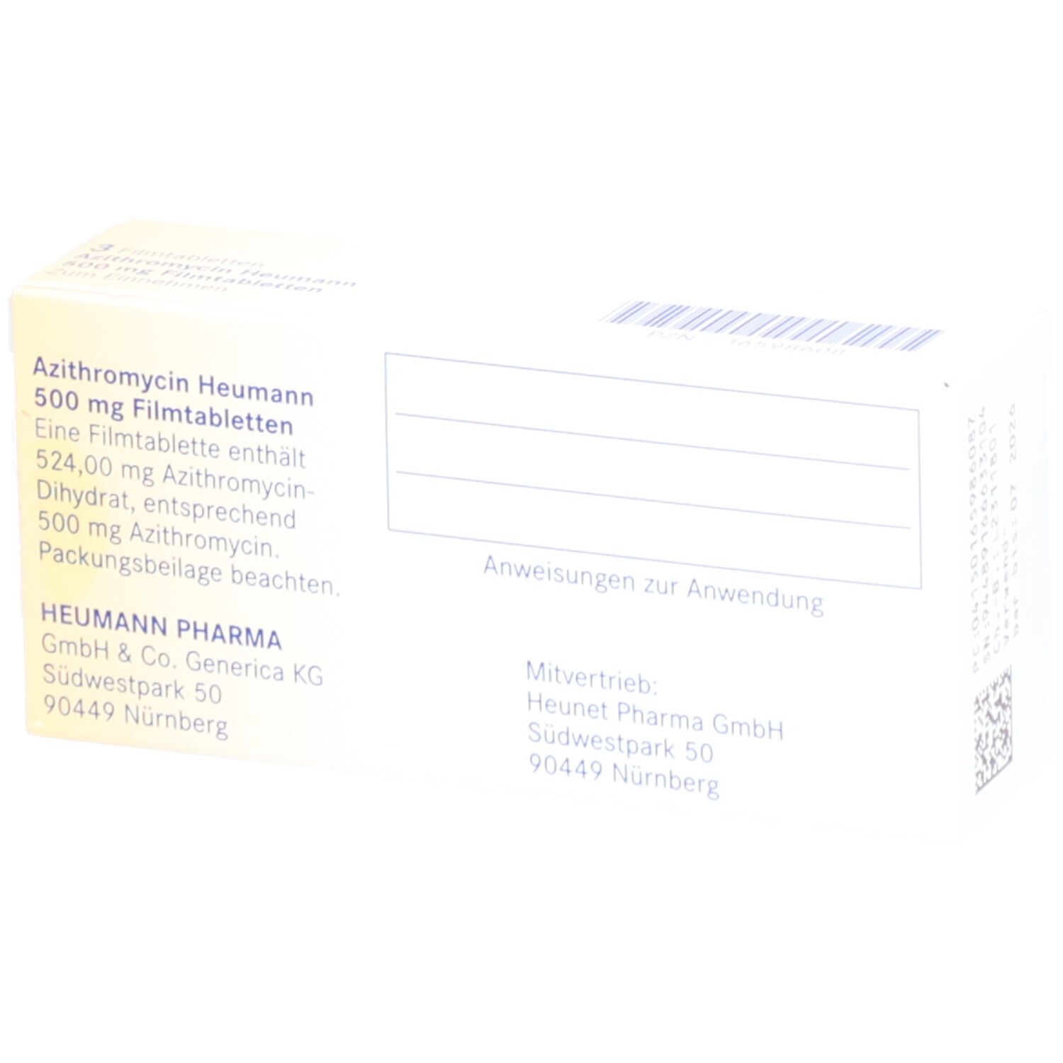 Rückseite der Schachtel mit Azithromycin Heumann 500 mg Filmtabletten. Text: Heumann Pharma GmbH. Angaben zur Anwendung.