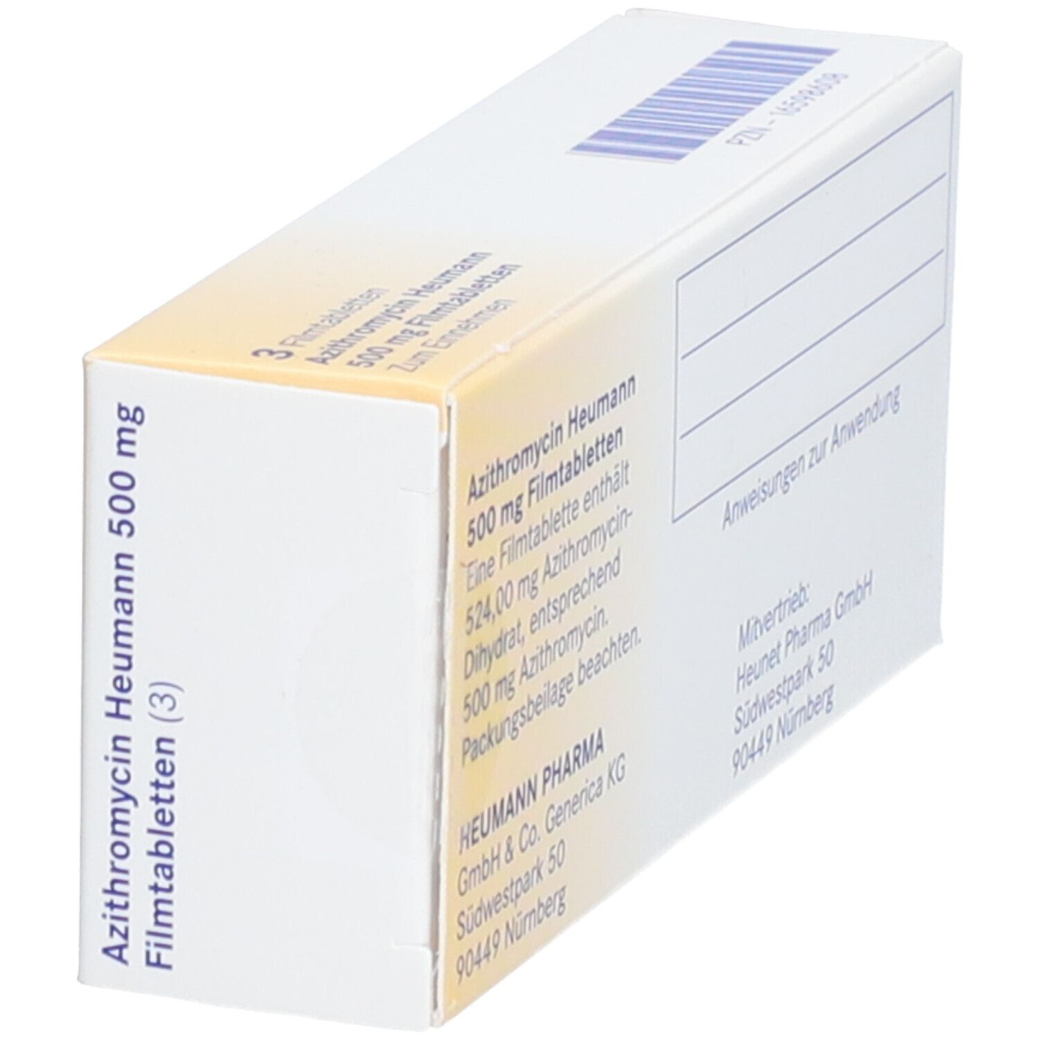Rückseite der Schachtel mit Azithromycin Heumann 500 mg Filmtabletten. Text: Heumann Pharma GmbH. Angaben zur Anwendung.