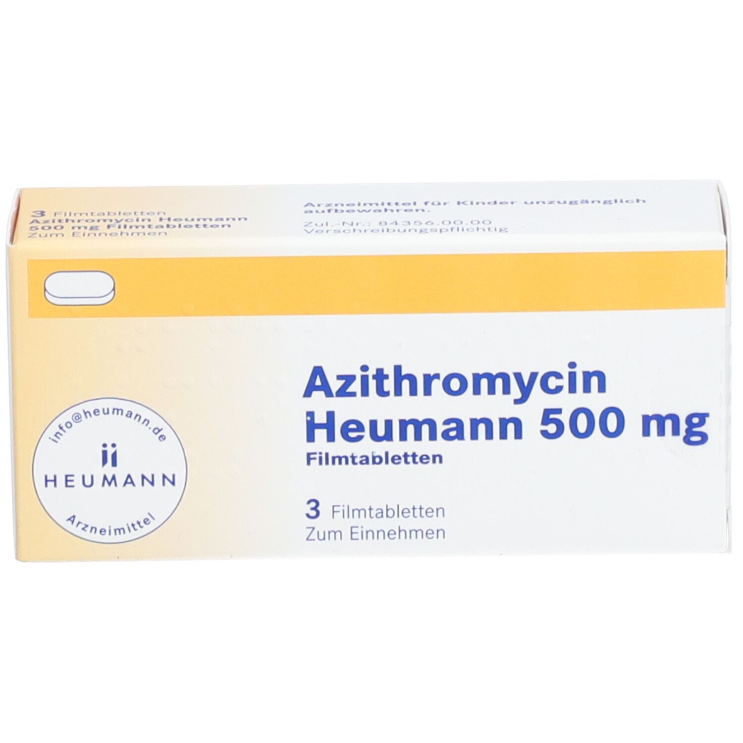 Schachtel mit Azithromycin Heumann 500 mg Filmtabletten. Aufschrift: 3 Filmtabletten. Heumann Logo. Gelb-weiße Verpackung.