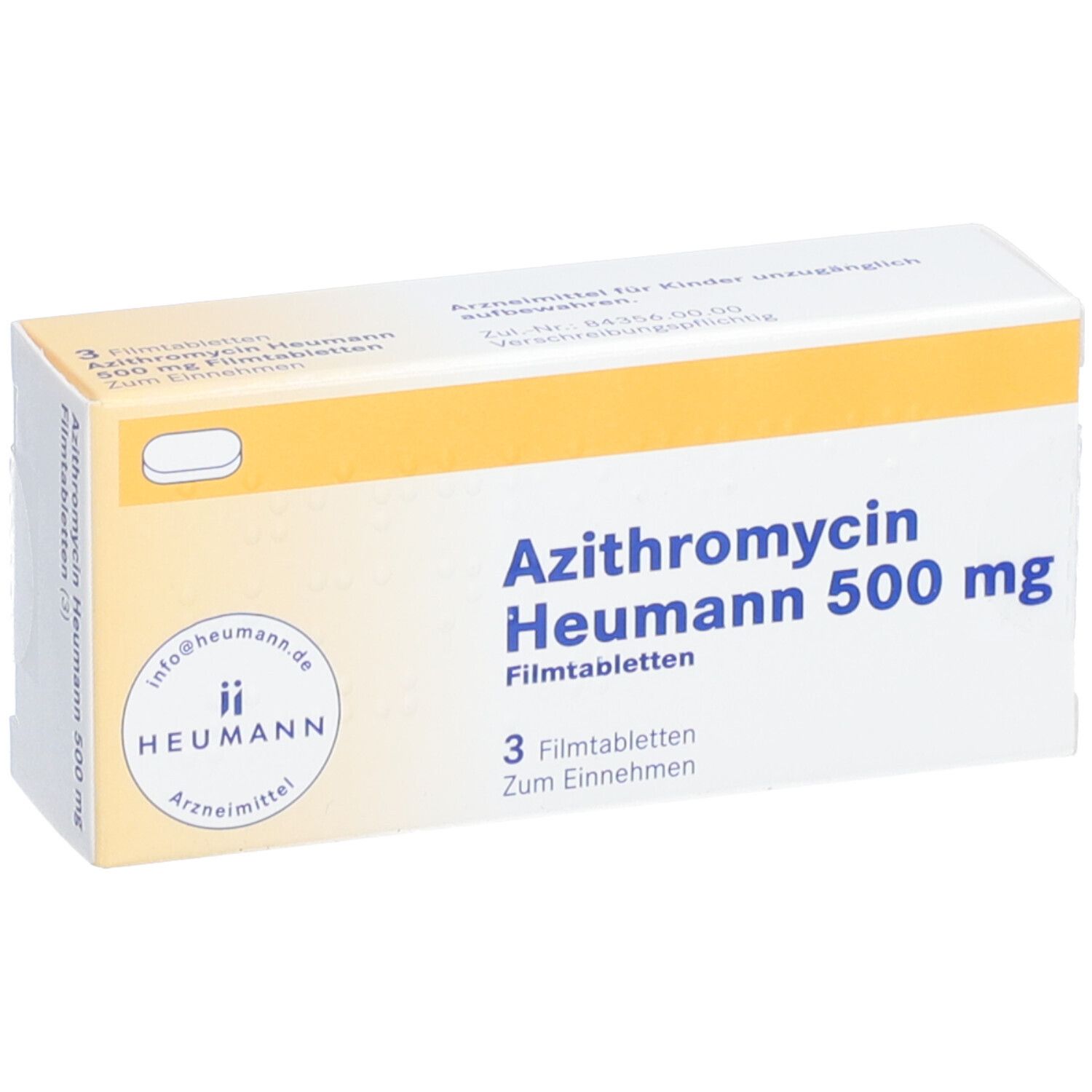 Schachtel mit Azithromycin Heumann 500 mg Filmtabletten. Aufschrift: 3 Filmtabletten. Heumann Logo. Gelb-weiße Verpackung.